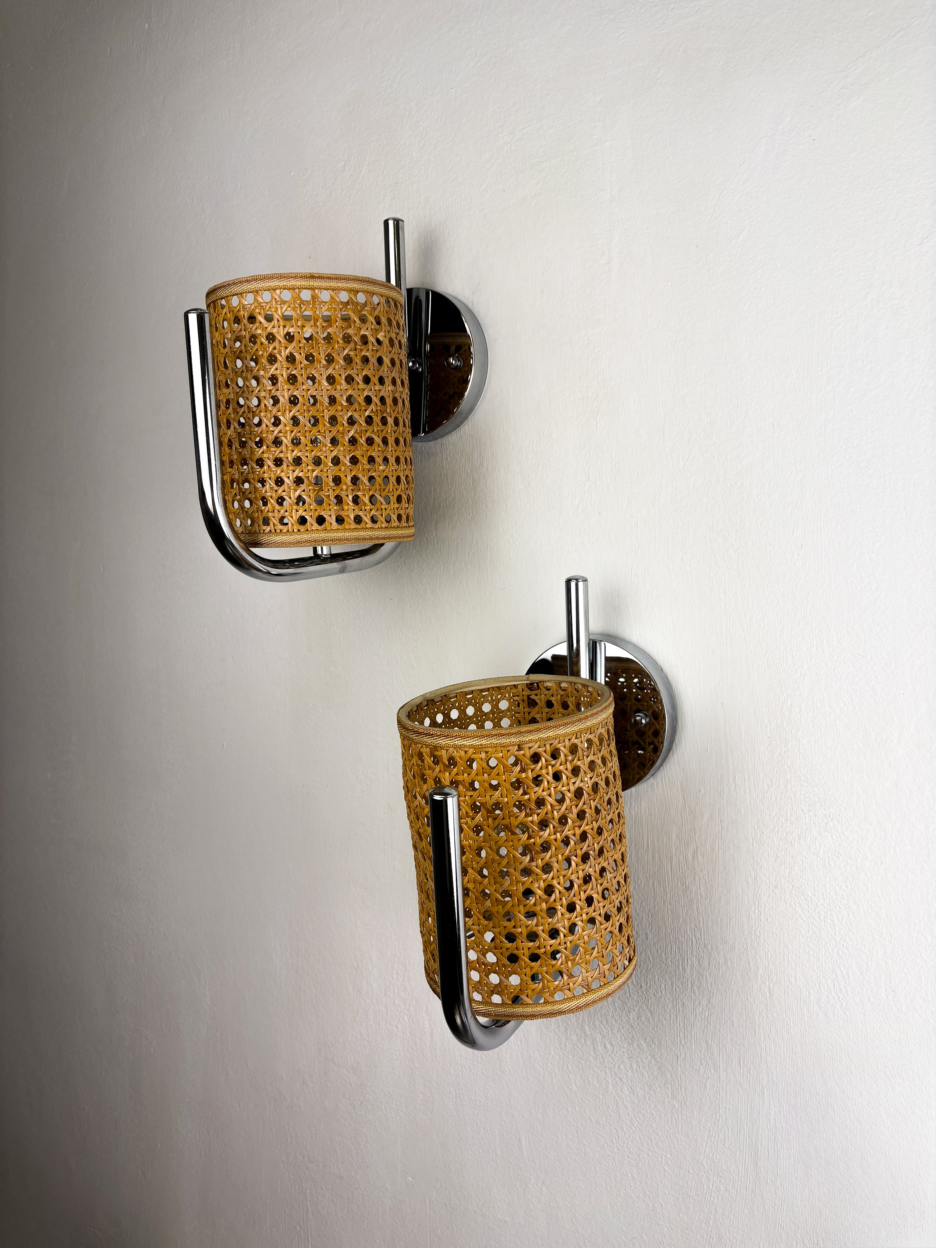 Pair of Vintage Rattan & Chrome Wall Lights, Italy, 1970's