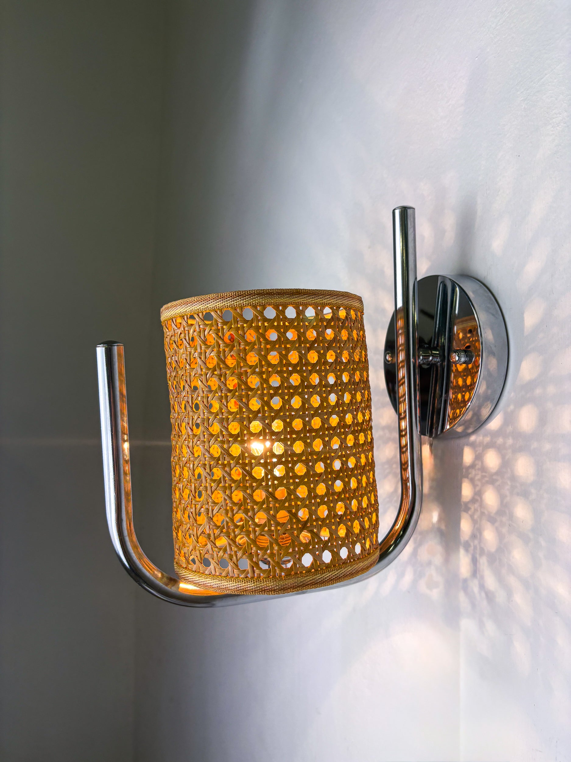 Pair of Vintage Rattan & Chrome Wall Lights, Italy, 1970's