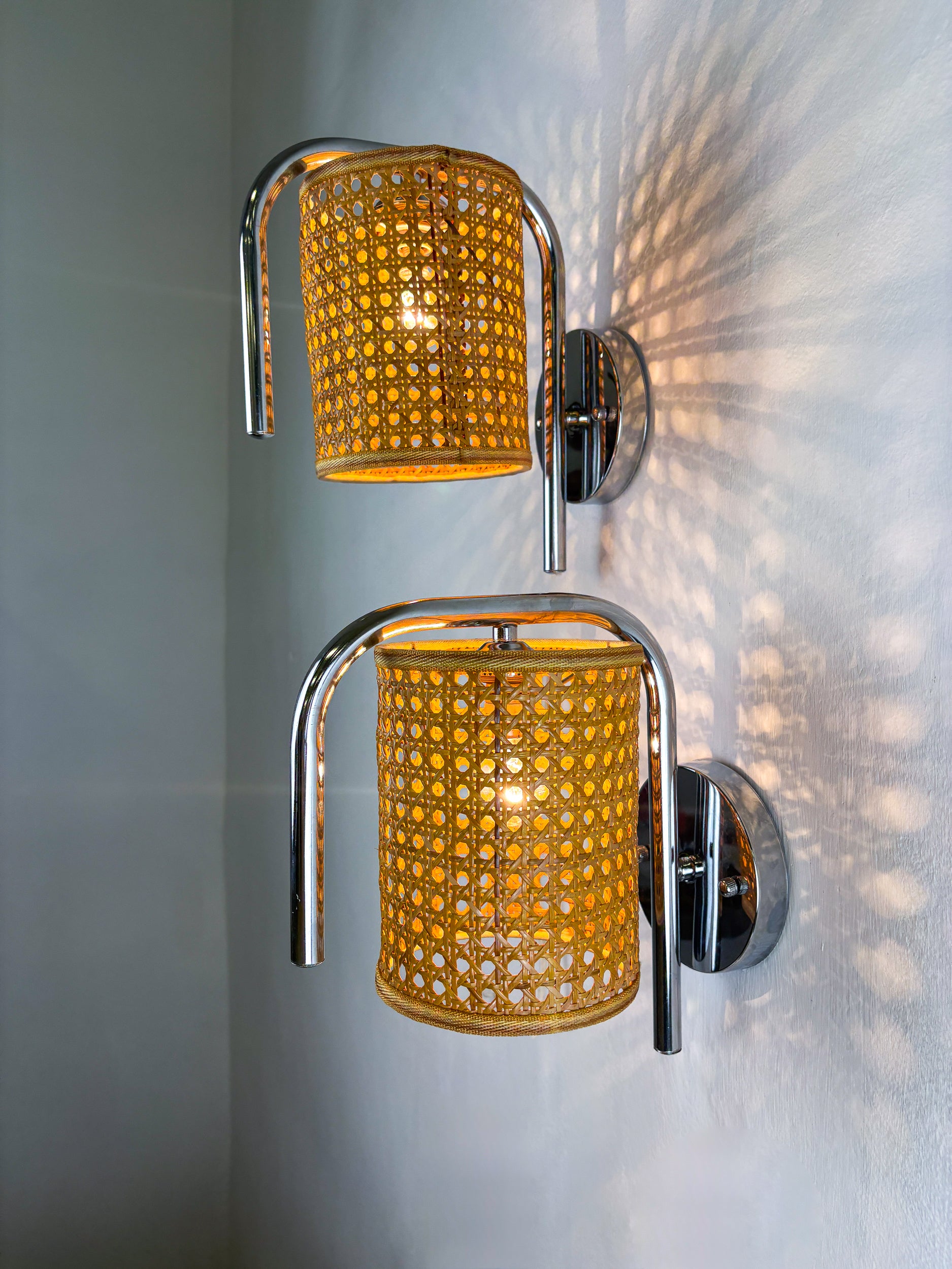 Pair of Vintage Rattan & Chrome Wall Lights, Italy, 1970's