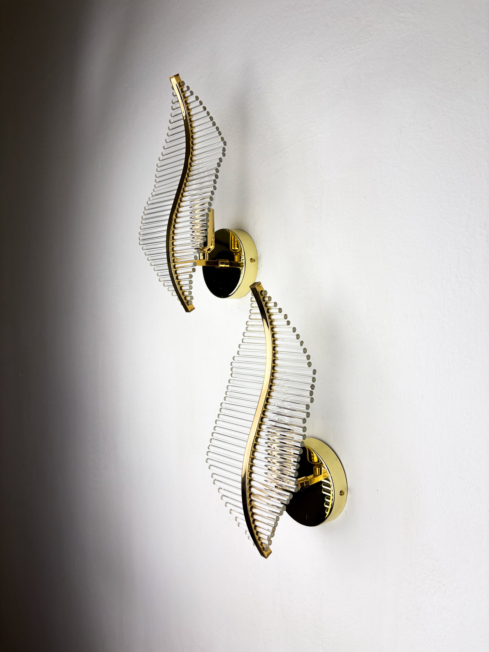 Pair of Venini Floral Wall Sconces, Gilt Brass & Murano Tubular Glass, Italy, 1970s