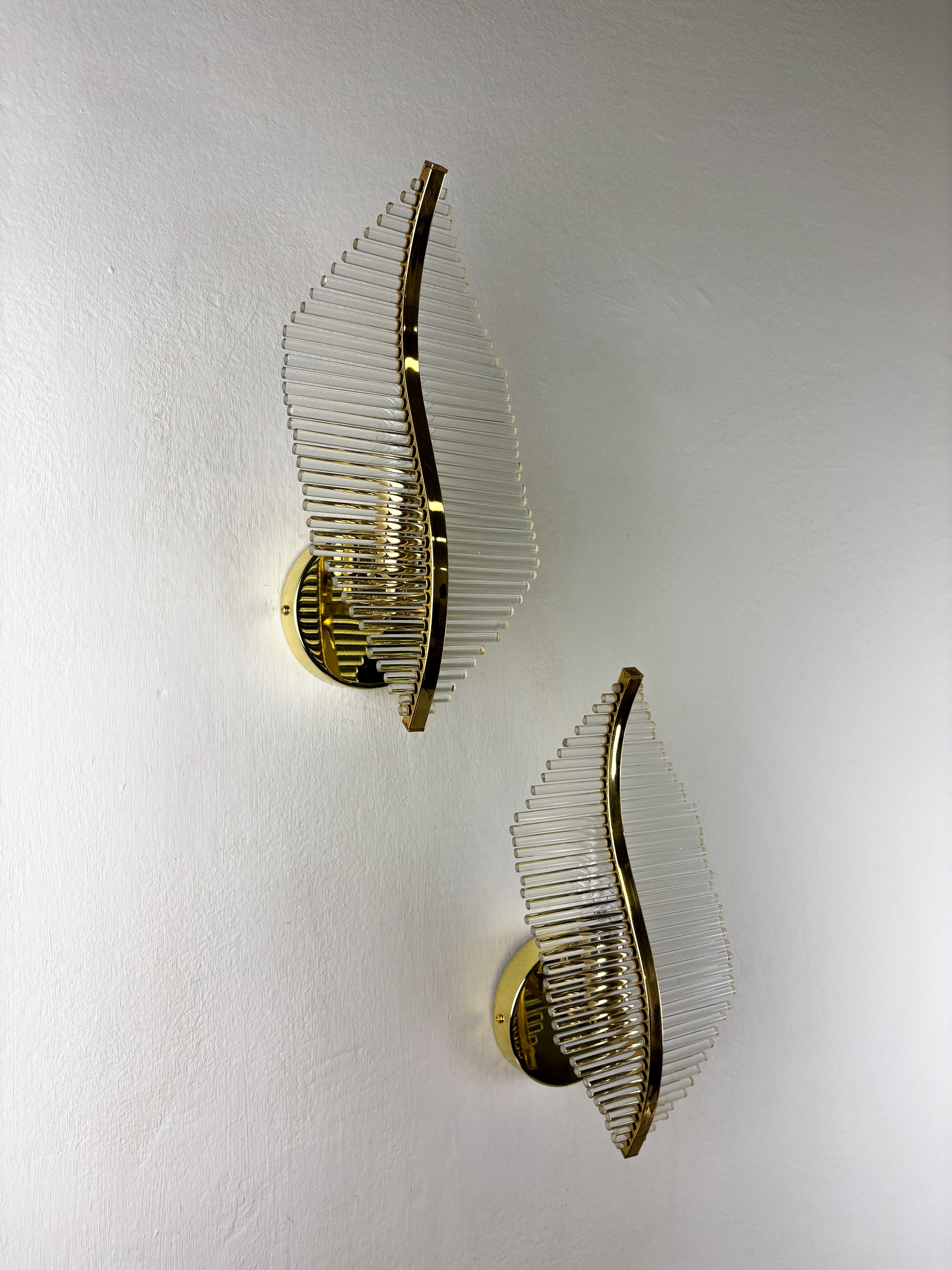 Pair of Venini Floral Wall Sconces, Gilt Brass & Murano Tubular Glass, Italy, 1970s