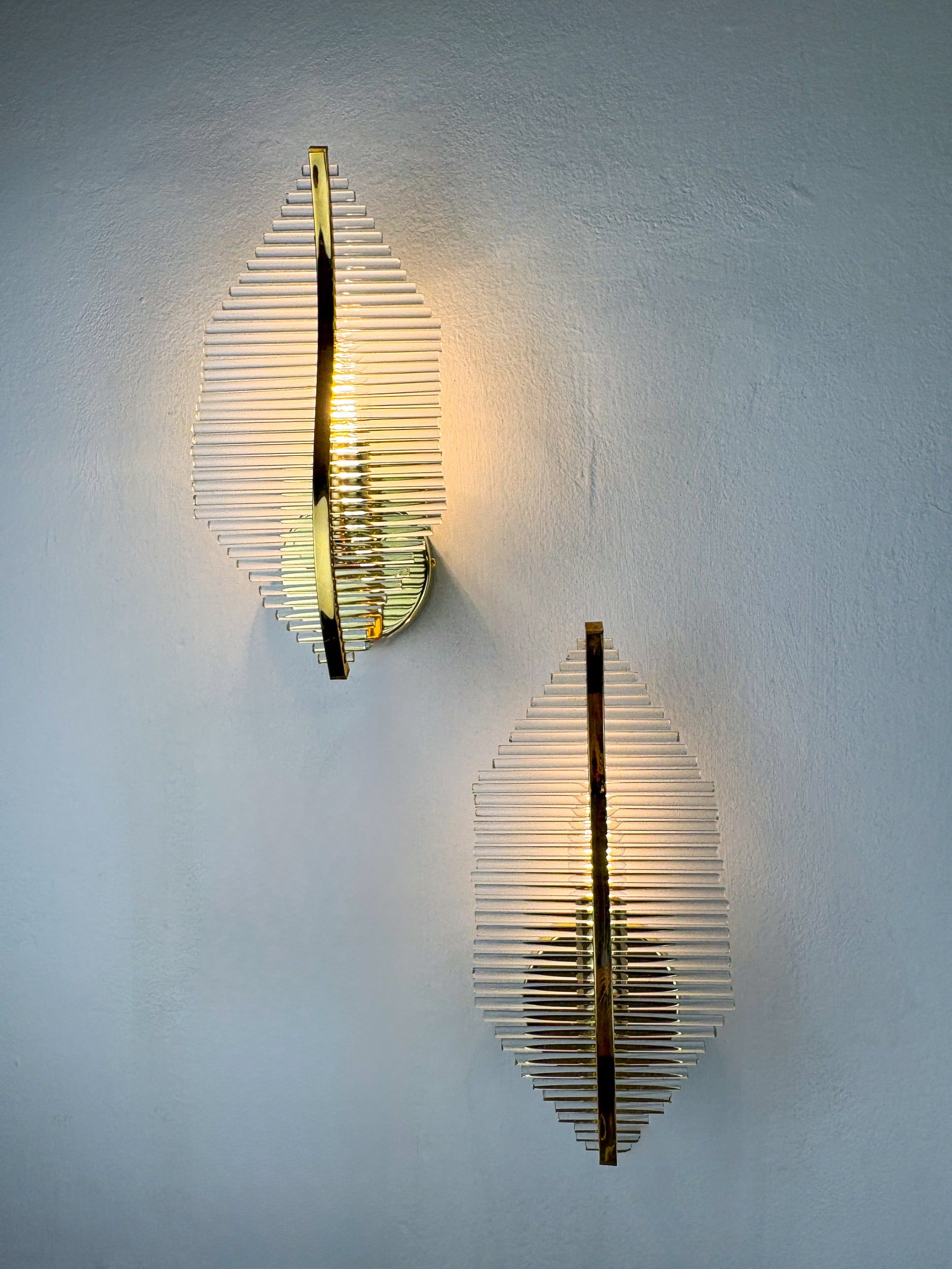 Pair of Venini Floral Wall Sconces, Gilt Brass & Murano Tubular Glass, Italy, 1970s
