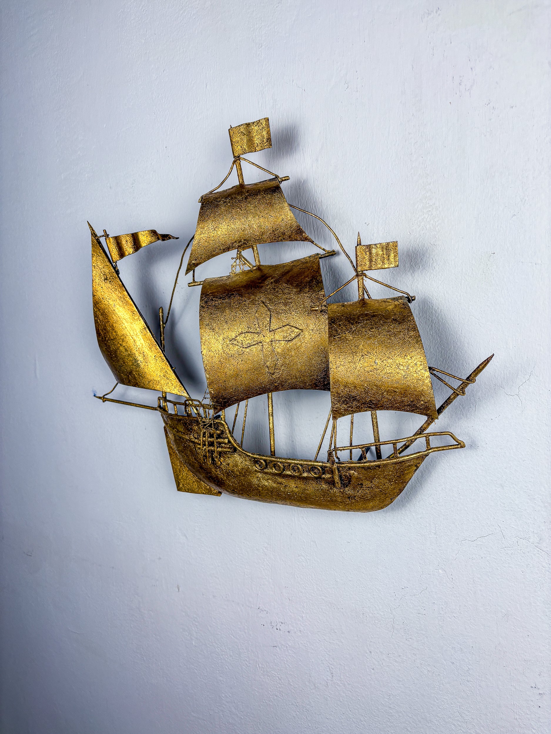 Spanish Galleon Sailing Ship Wall Sconce, Gilt Iron Sculpture, 1940s