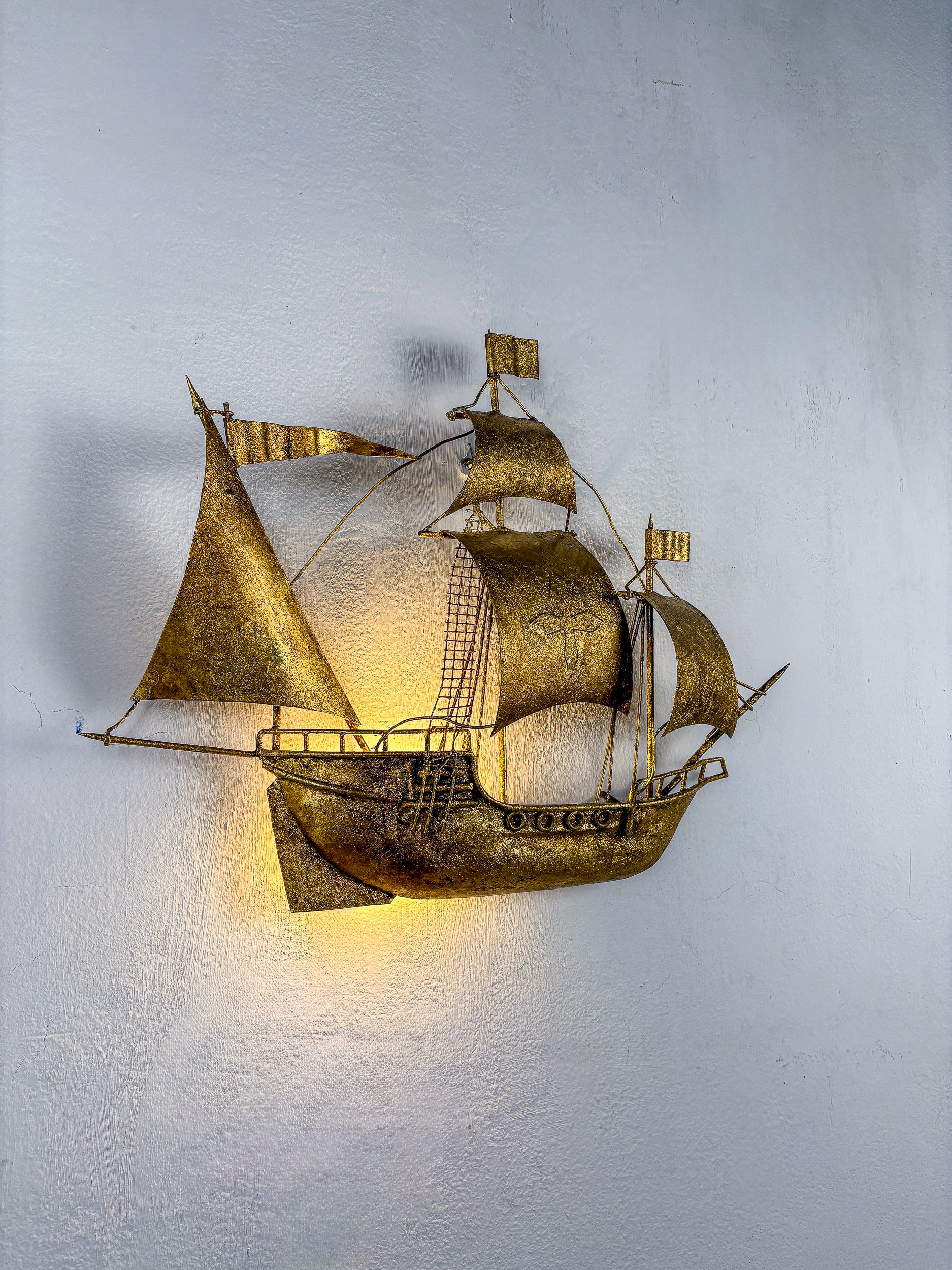Spanish Galleon Sailing Ship Wall Sconce, Gilt Iron Sculpture, 1940s
