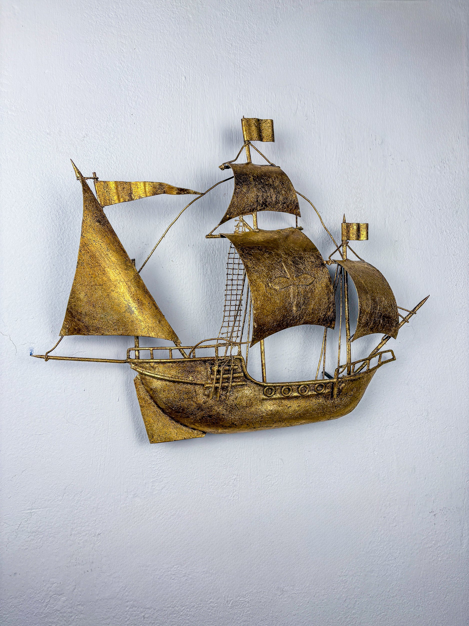 Spanish Galleon Sailing Ship Wall Sconce, Gilt Iron Sculpture, 1940s