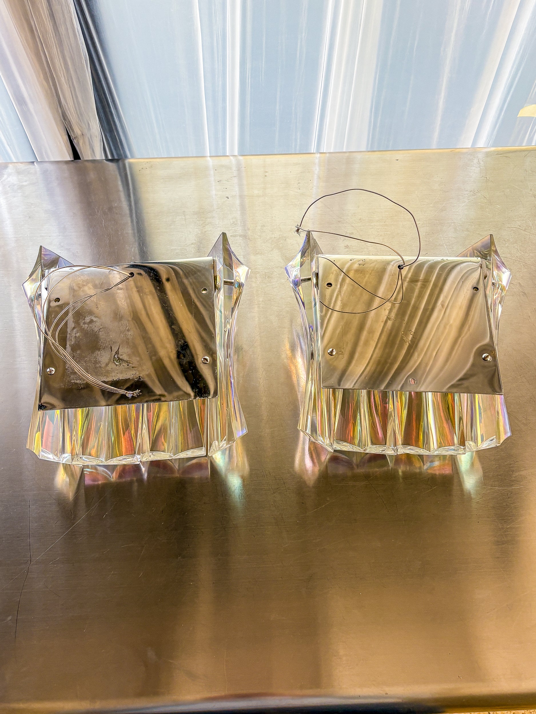 Pair of Paolo Venini Iridescent Murano Glass Wall Lights , Italy Circa 1970s