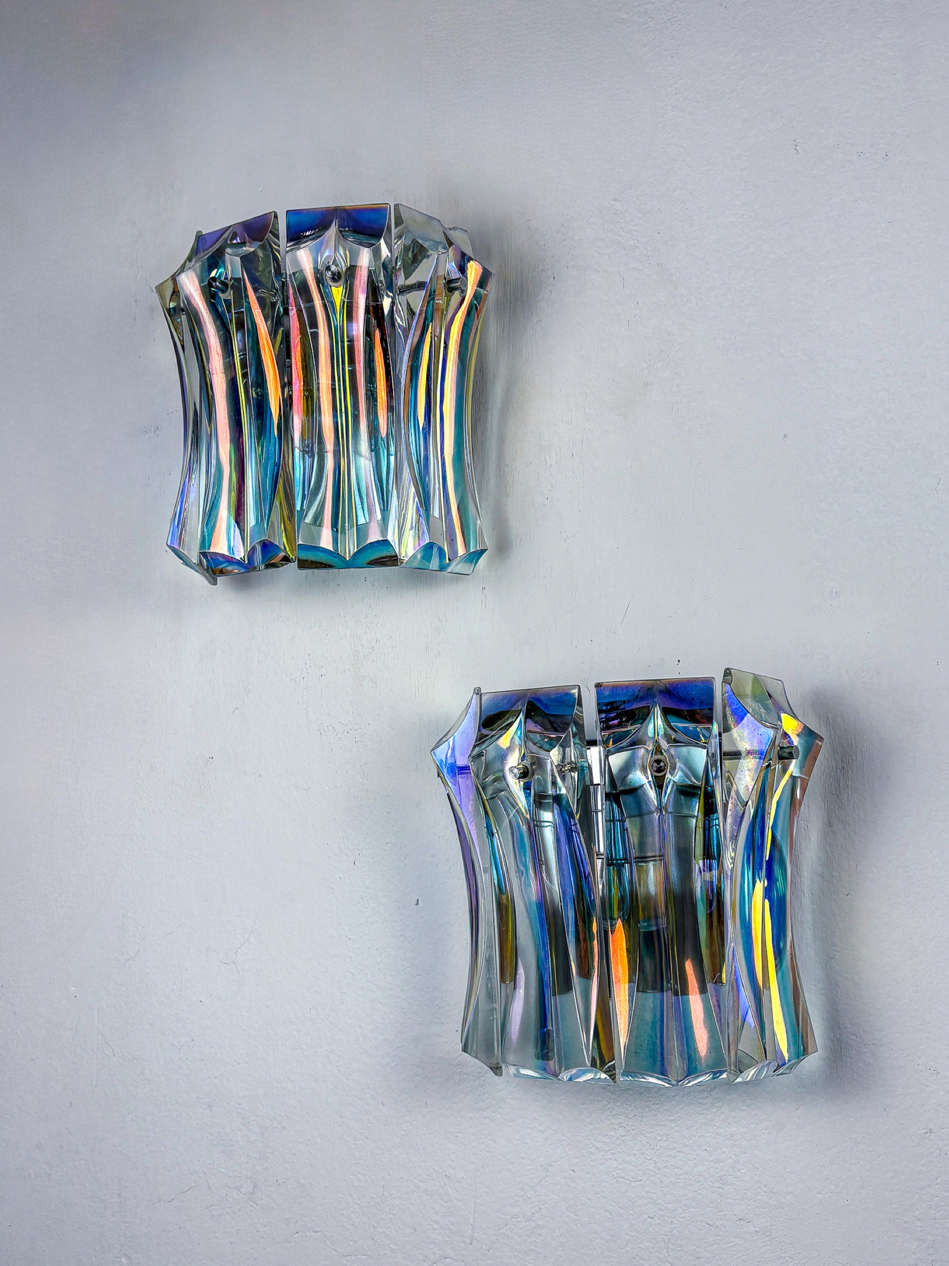 Pair of Paolo Venini Iridescent Murano Glass Wall Lights , Italy Circa 1970s