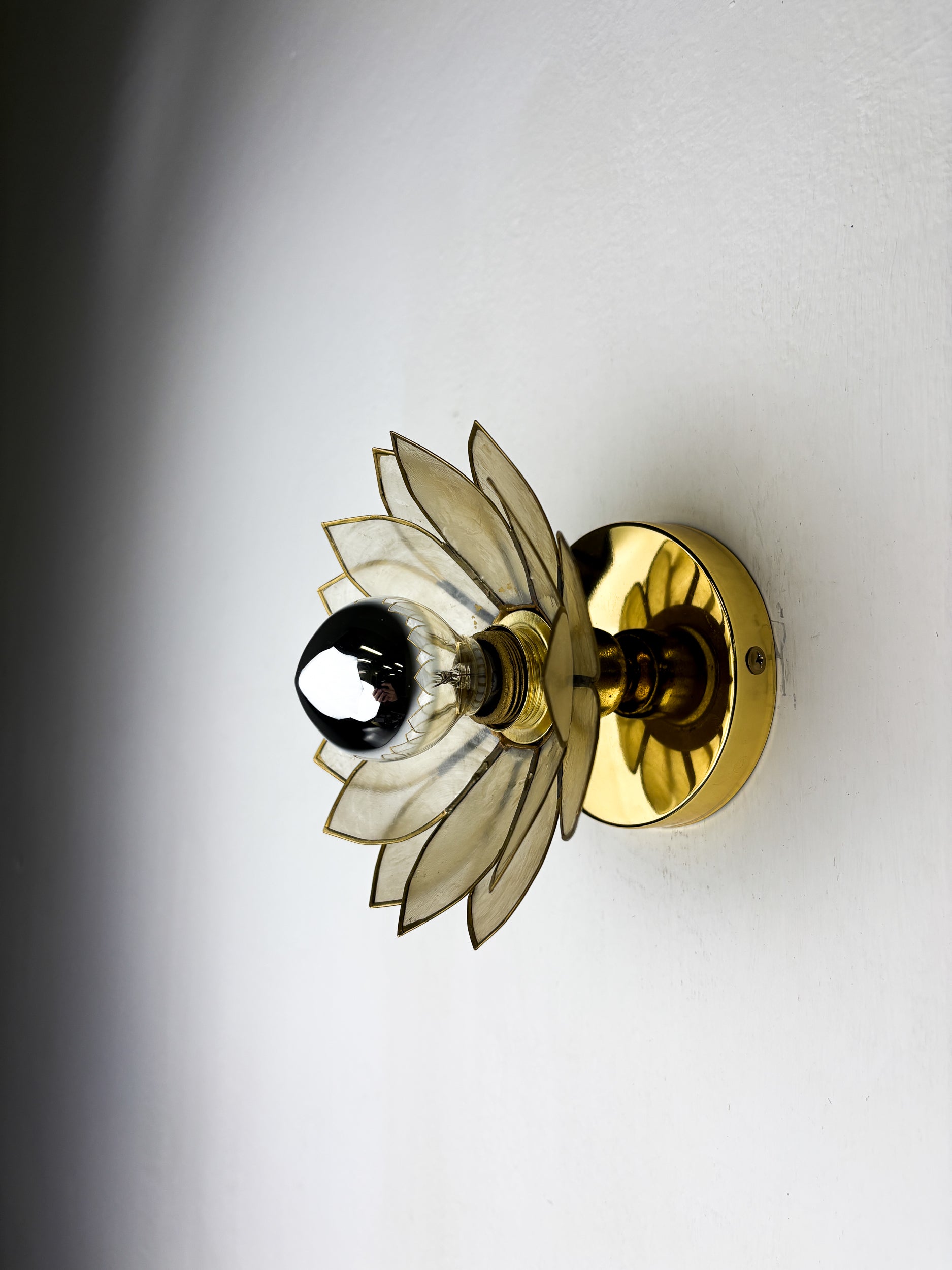 Lotus Flower Wall Sconce, Mother-of-Pearl Petals & Gilt Brass, Italy, 1970s