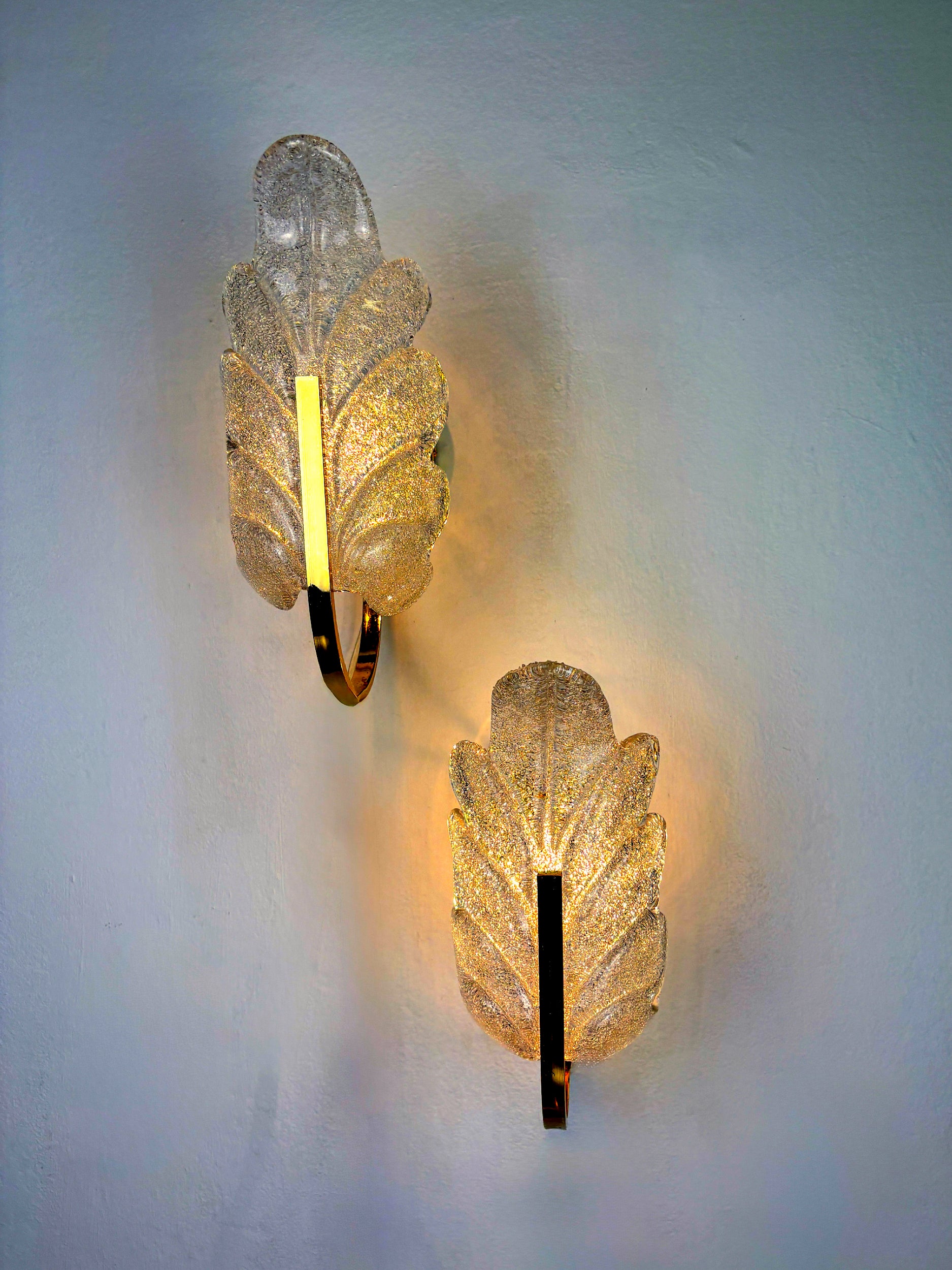Pair of Murano Frosted Leaf Sconces, Textured Glass & Gilt Brass, Italy, 1970