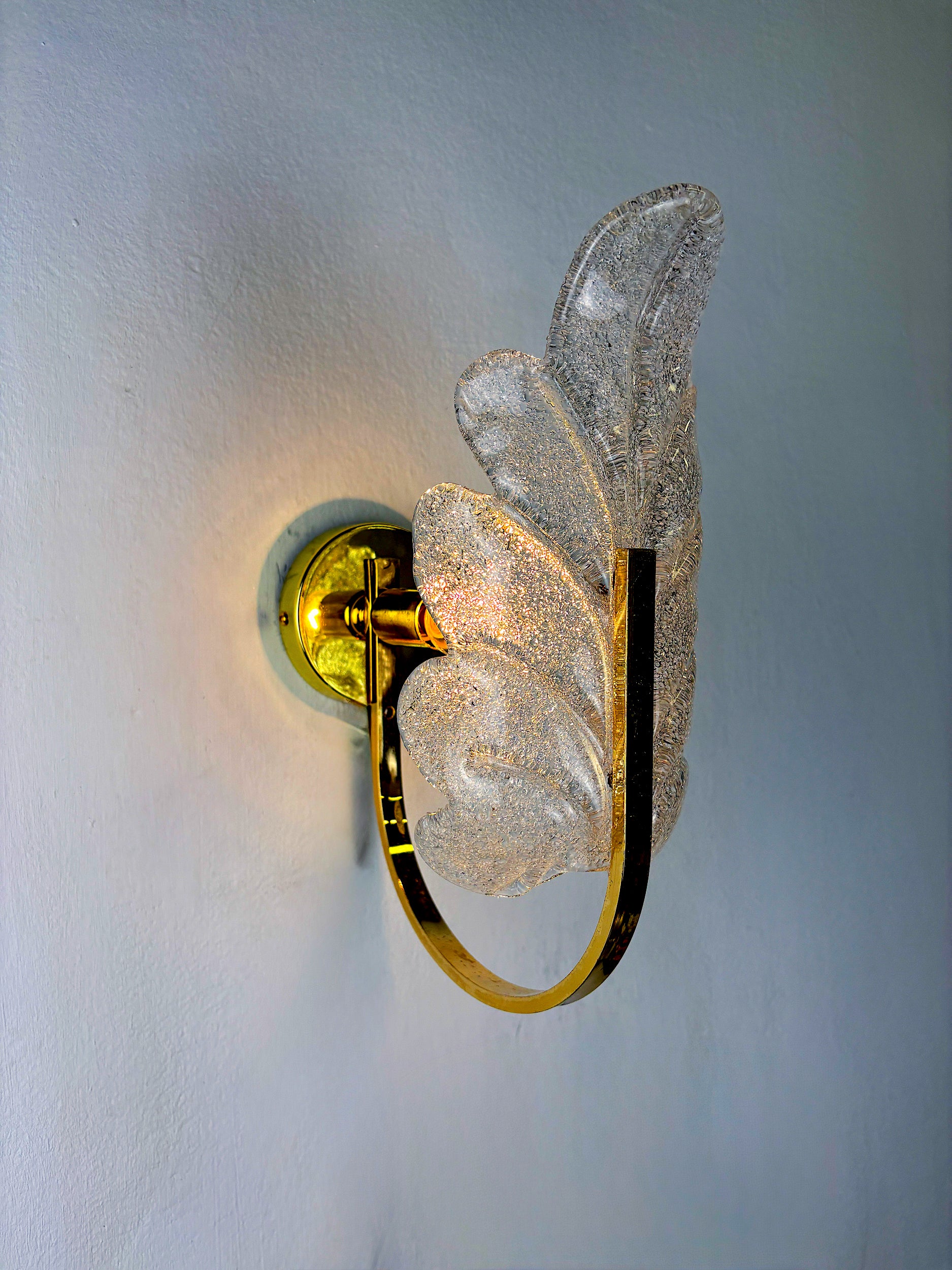 Pair of Murano Frosted Leaf Sconces, Textured Glass & Gilt Brass, Italy, 1970