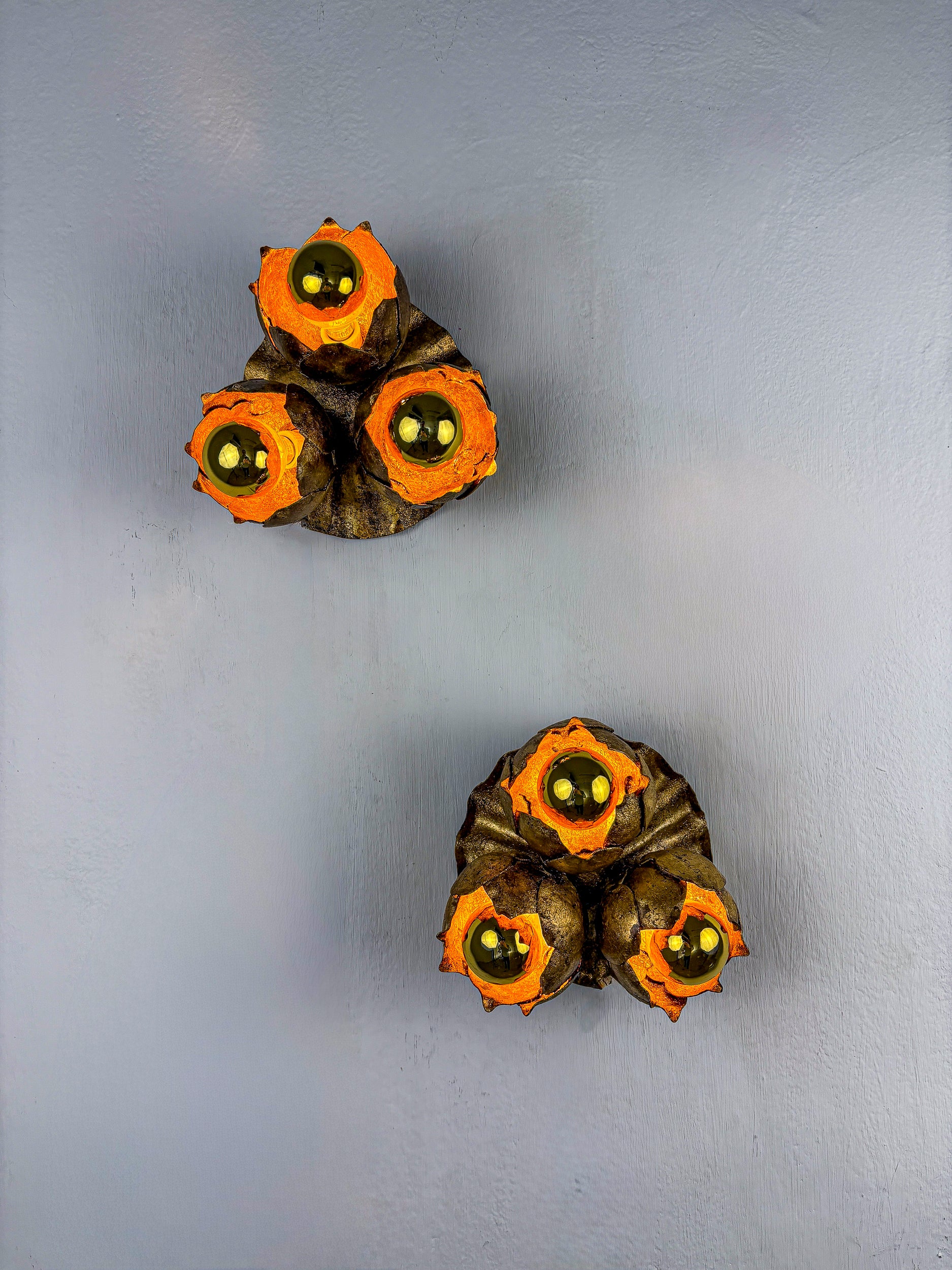 French Floral Bouquet Three-Light Ceiling or Wall light, Gilt Iron, 1940s