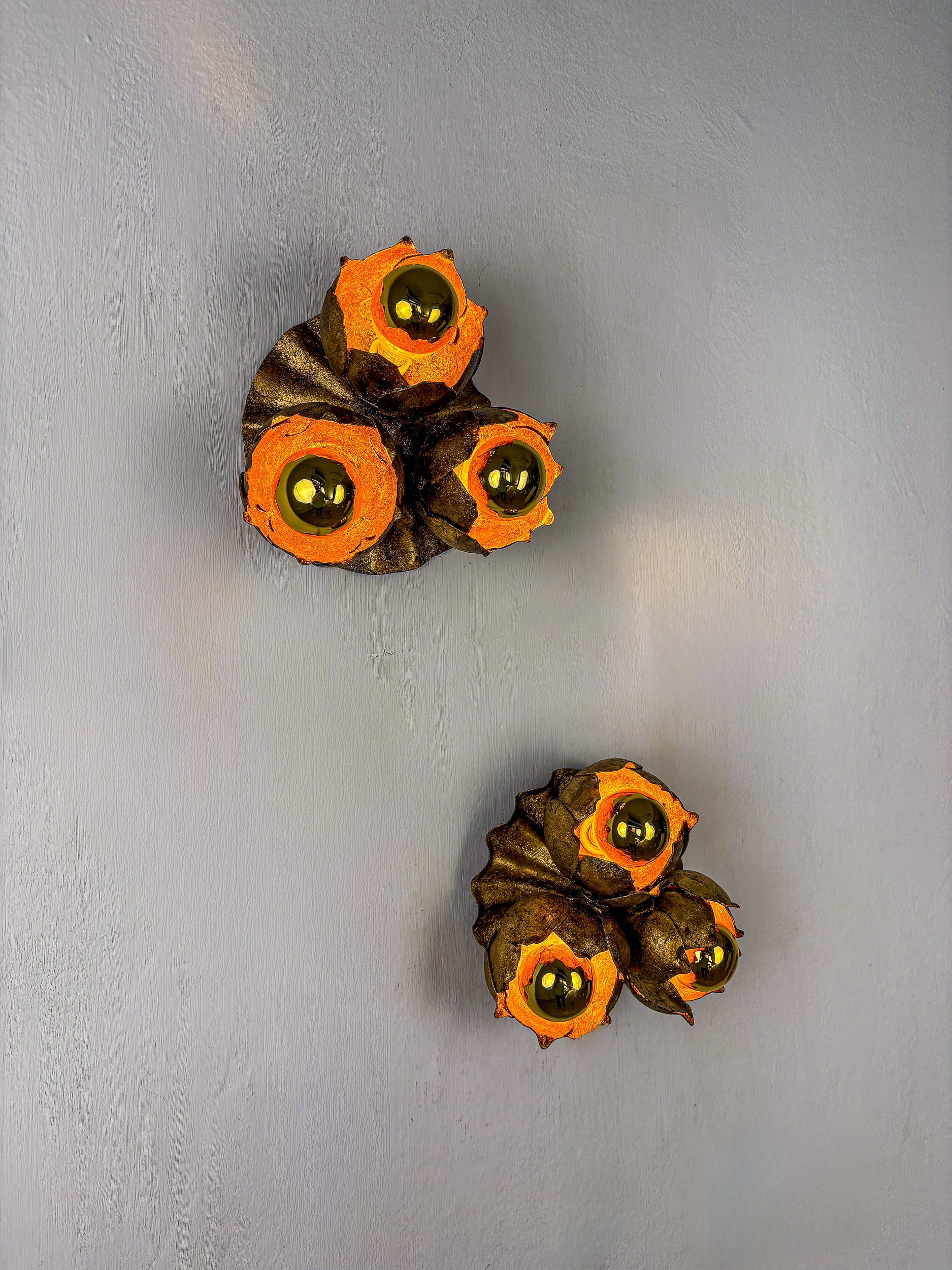 French Floral Bouquet Three-Light Ceiling or Wall light, Gilt Iron, 1940s
