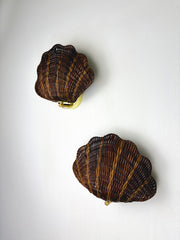 Pair of Shell-Shaped Wicker Wall Lights, Rattan & Brass, 1980's, Italy