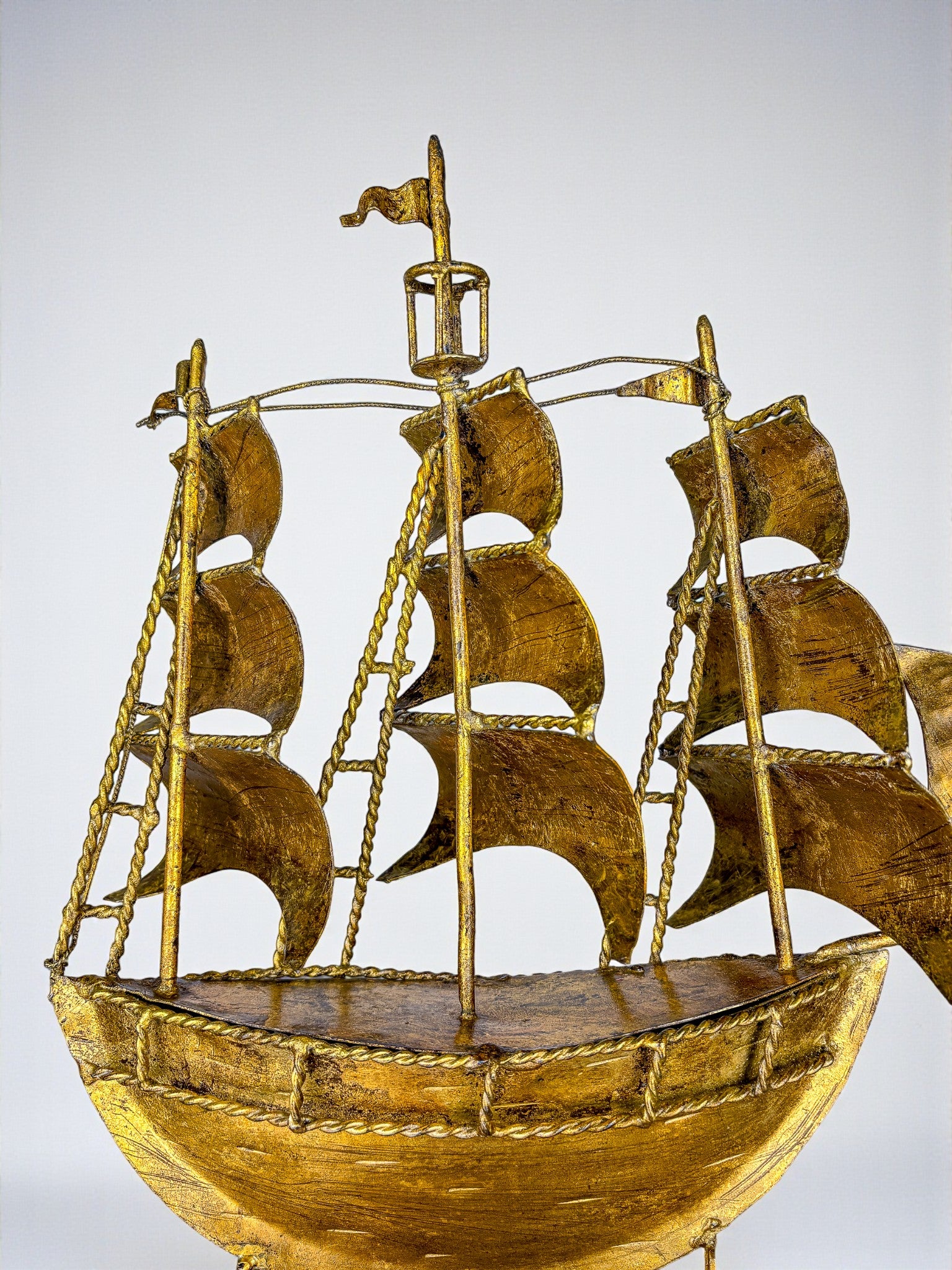 Spanish Galleon Sailing Ship Sculpture, Gilt Iron Sculpture & wood base, 1940s