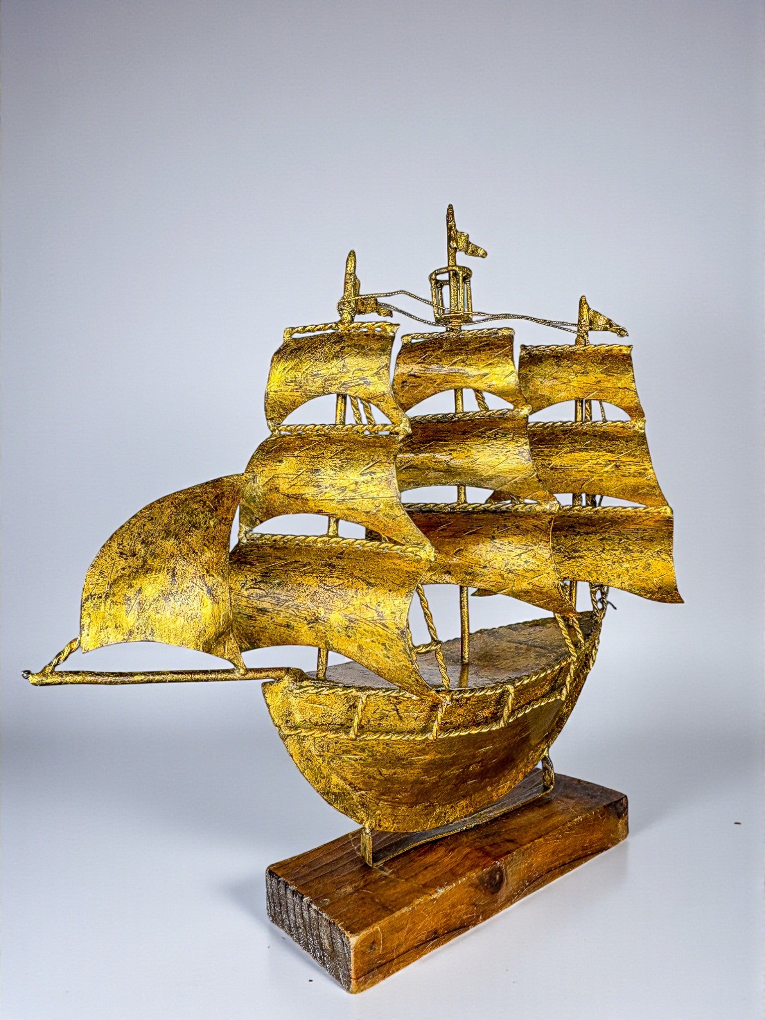 Spanish Galleon Sailing Ship Sculpture, Gilt Iron Sculpture & wood base, 1940s