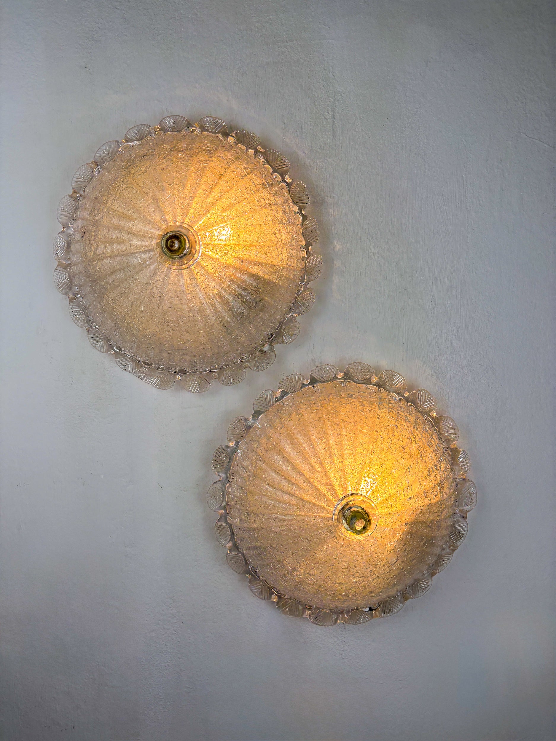 Pair of Murano Glass Scalloped Flushmount Ceiling Lights, Italy 1960s