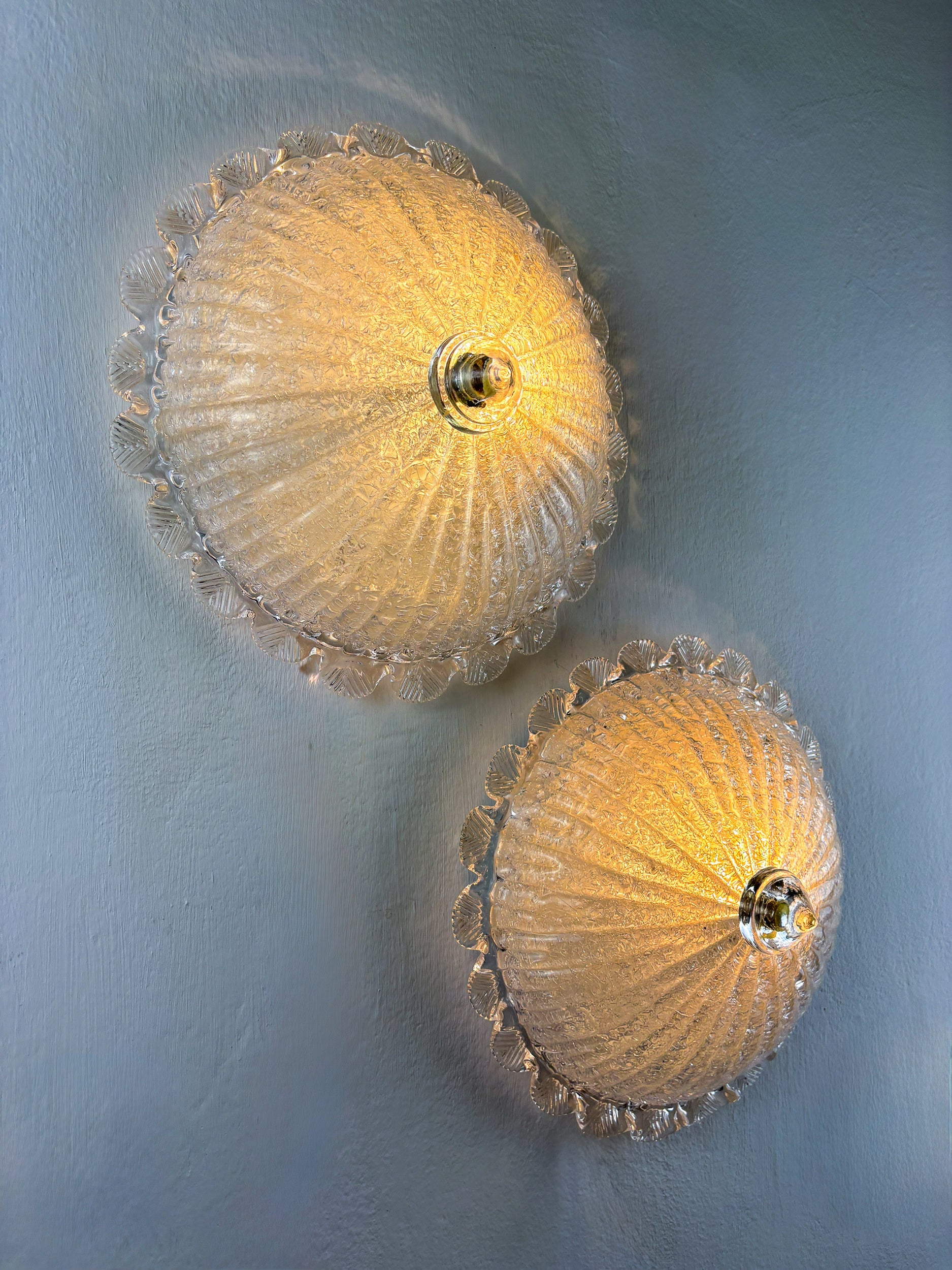 Pair of Murano Glass Scalloped Flushmount Ceiling Lights, Italy 1960s
