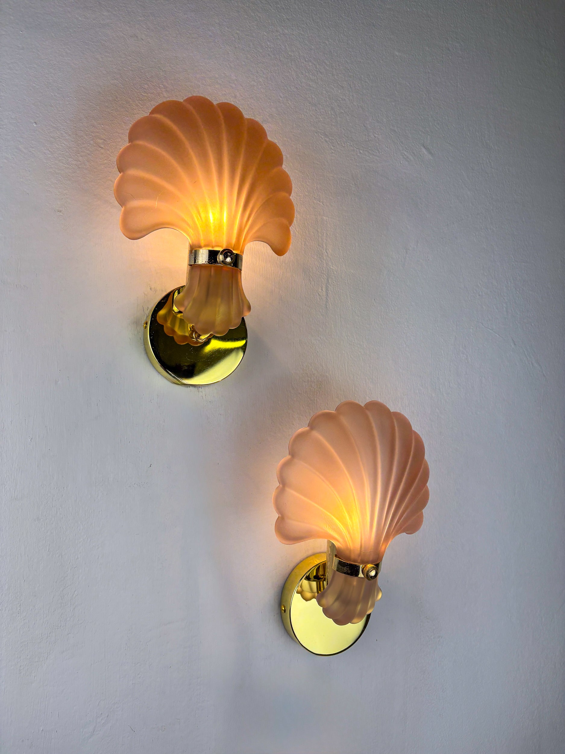 Pair of Art Deco Shell Wall Sconces – Amber Glass, France 1970s