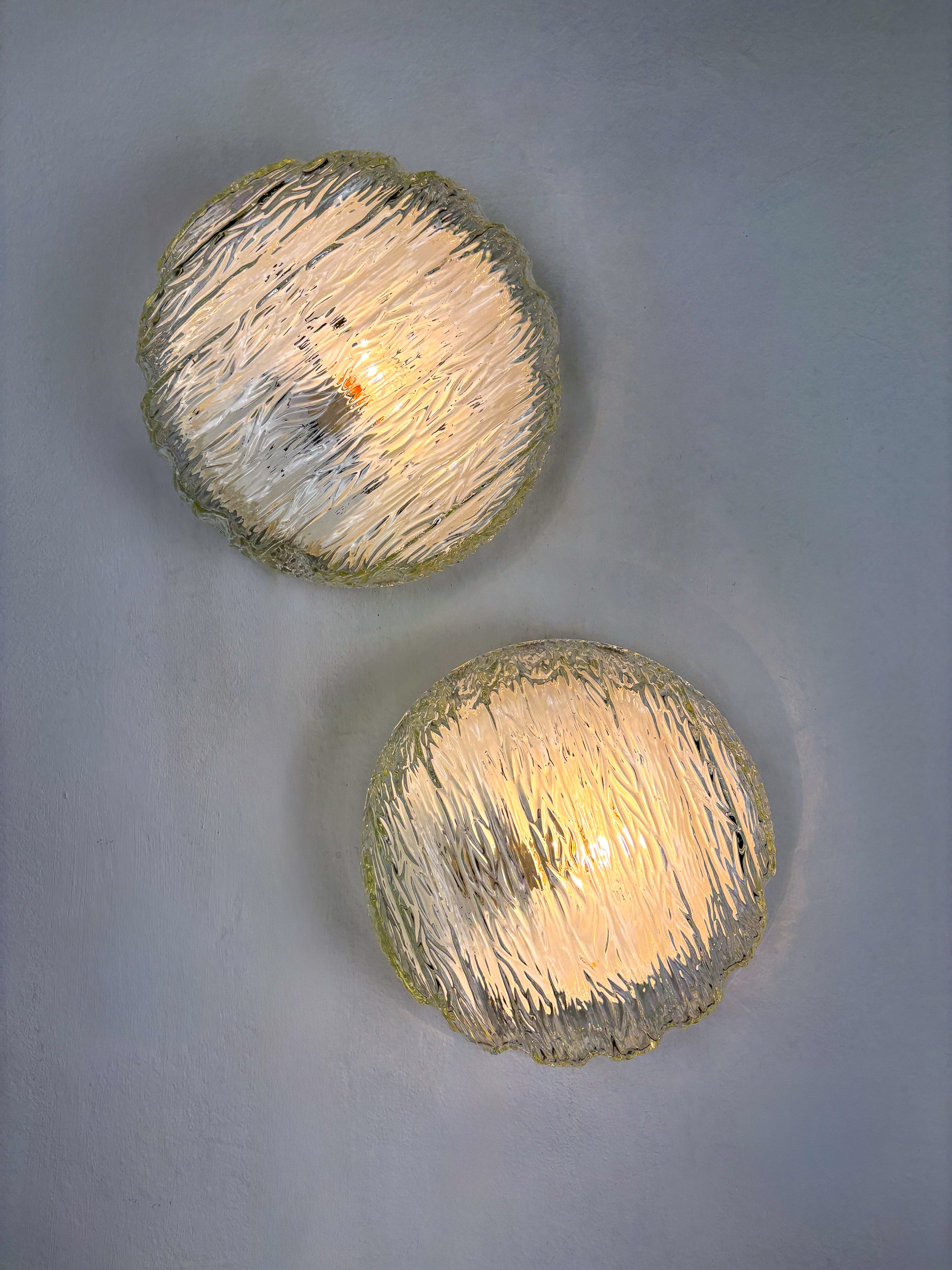 Pair of Frozen Glass Round Sconces, Germany, 1960s