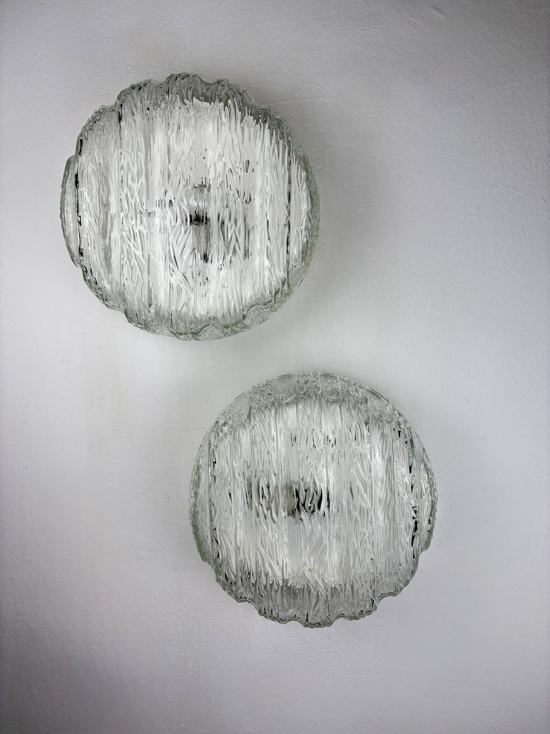 Pair of Frozen Glass Round Sconces, Germany, 1960s