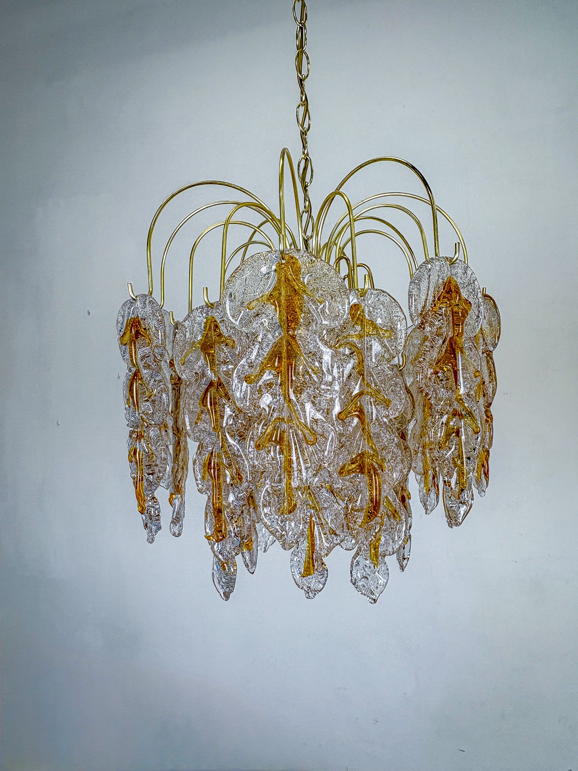 Floral Mazzega Murano Glass Cascade Chandelier, Frosted Orange Leaves & Gilded Metal, Italy, 1970s