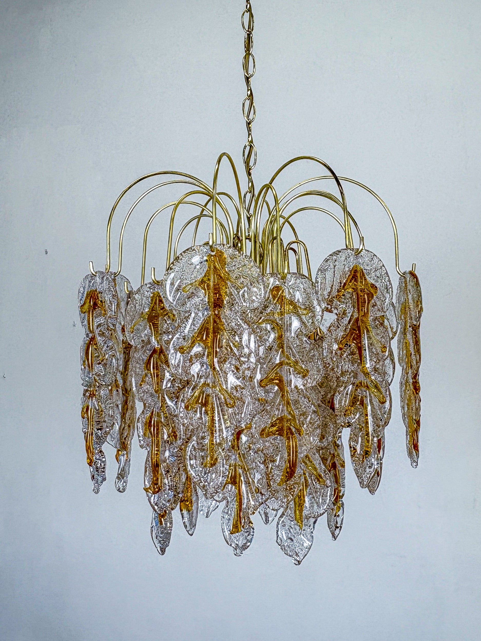 Floral Mazzega Murano Glass Cascade Chandelier, Frosted Orange Leaves & Gilded Metal, Italy, 1970s