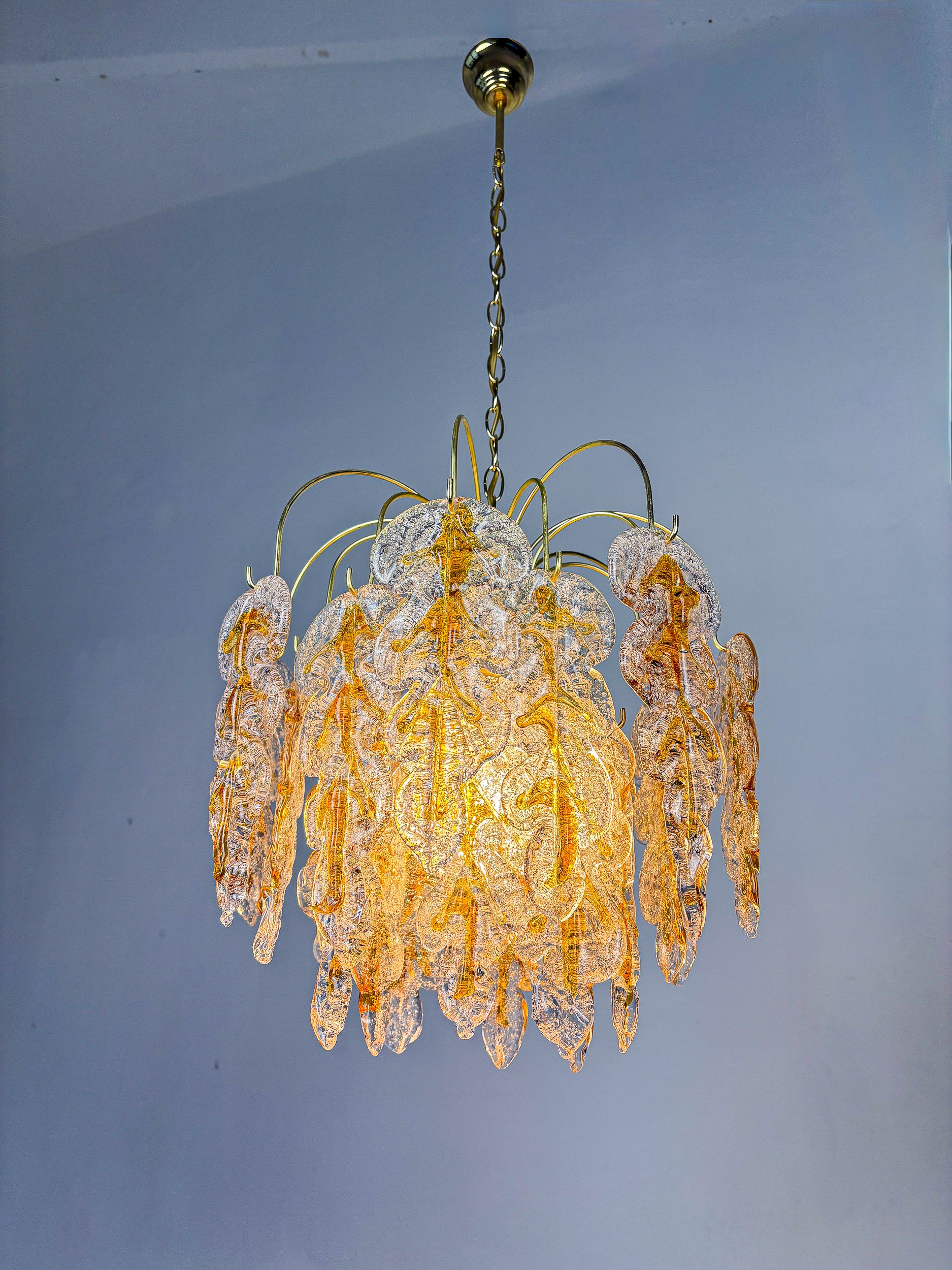 Floral Mazzega Murano Glass Cascade Chandelier, Frosted Orange Leaves & Gilded Metal, Italy, 1970s