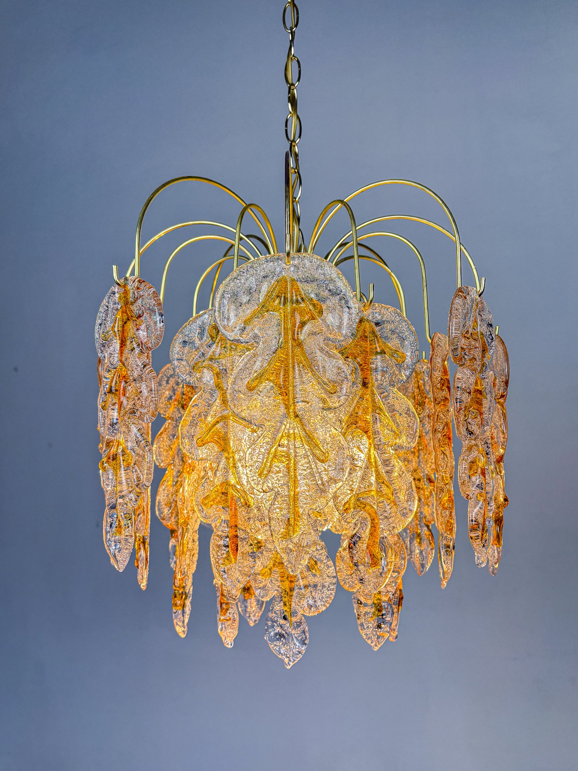 Floral Mazzega Murano Glass Cascade Chandelier, Frosted Orange Leaves & Gilded Metal, Italy, 1970s