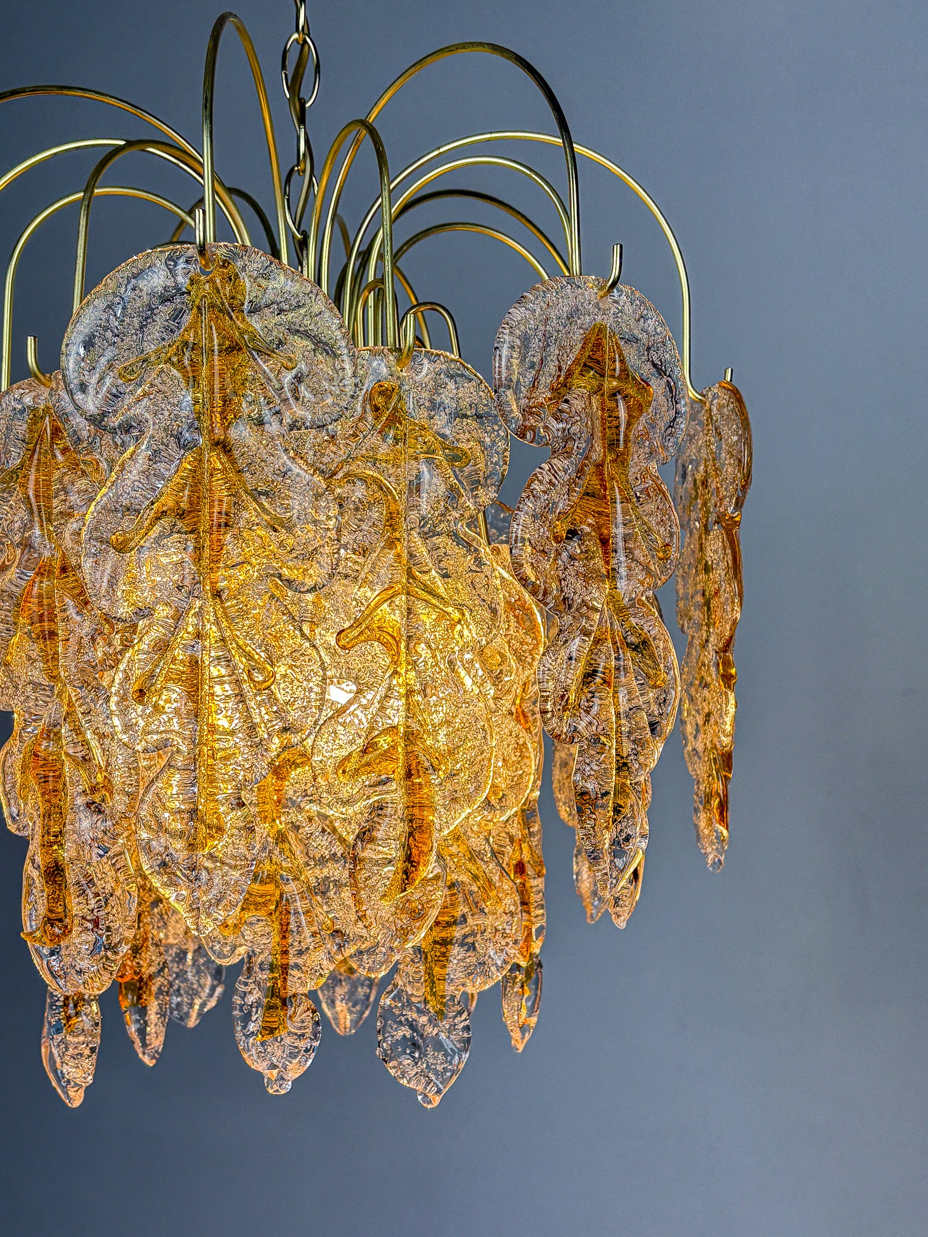 Floral Mazzega Murano Glass Cascade Chandelier, Frosted Orange Leaves & Gilded Metal, Italy, 1970s