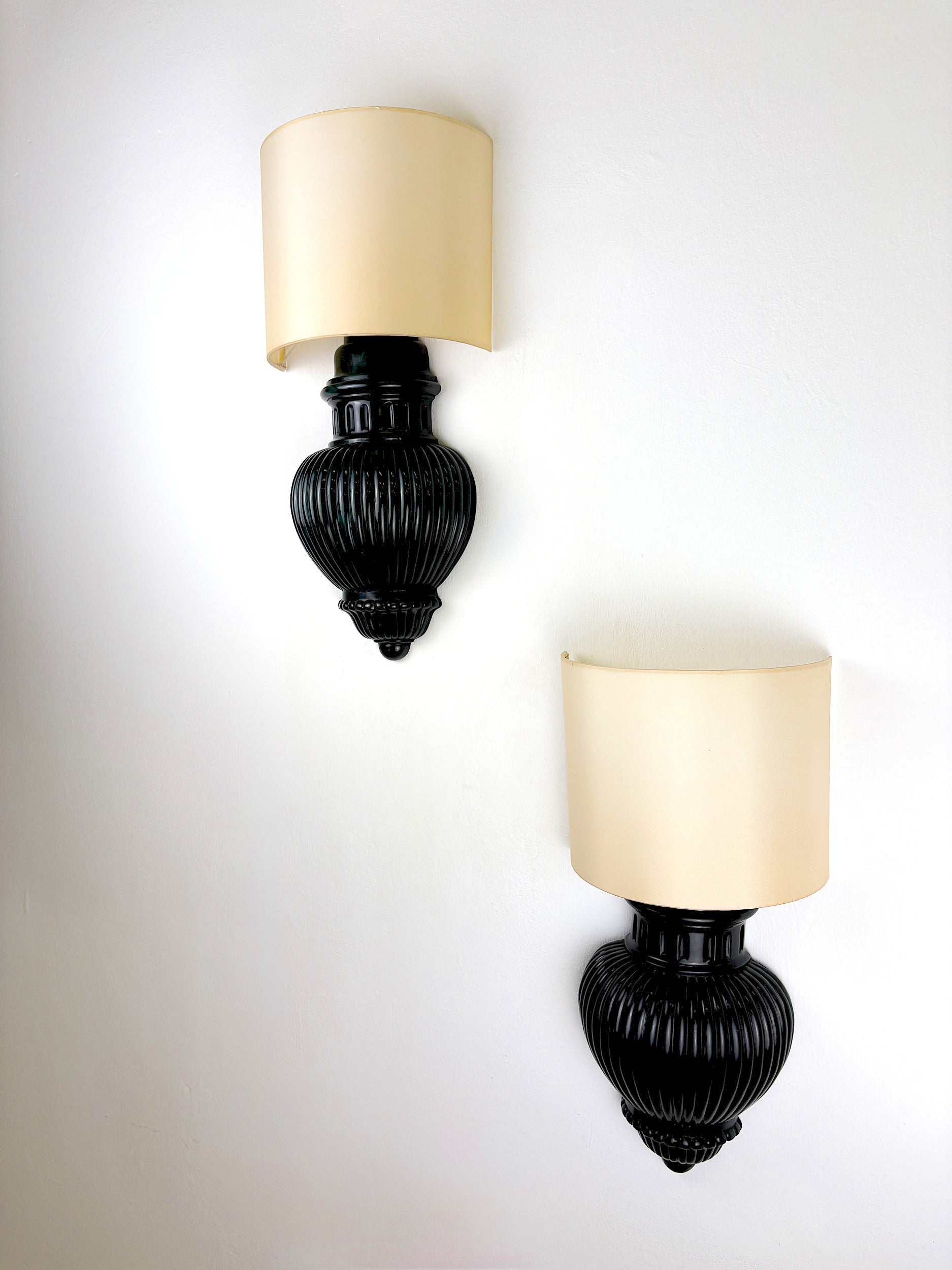 Pair of Art Deco Wall Lights with Shades in Glazed Cast Ceramic, Italy, 1970s