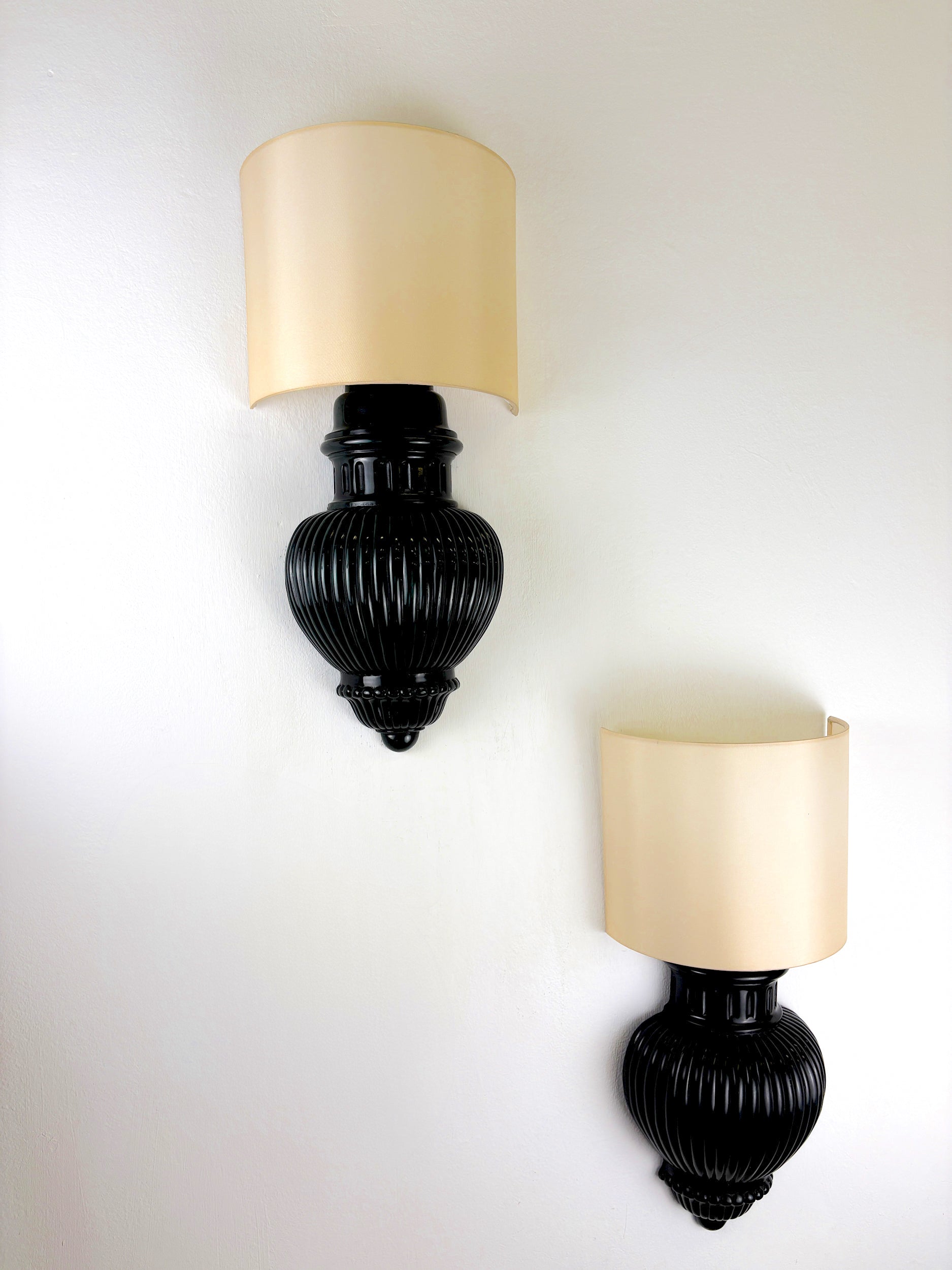 Pair of Art Deco Wall Lights with Shades in Glazed Cast Ceramic, Italy, 1970s