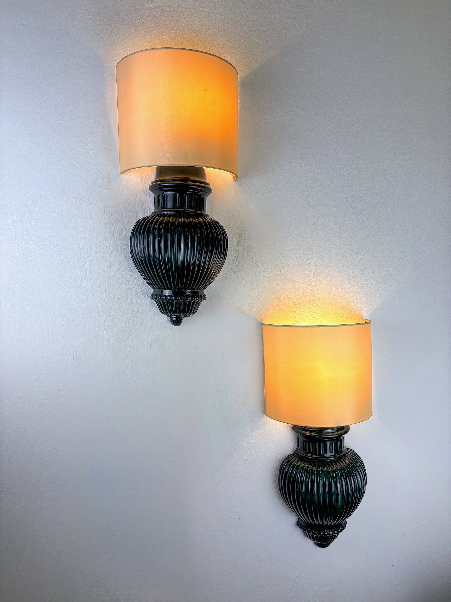 Pair of Art Deco Wall Lights with Shades in Glazed Cast Ceramic, Italy, 1970s