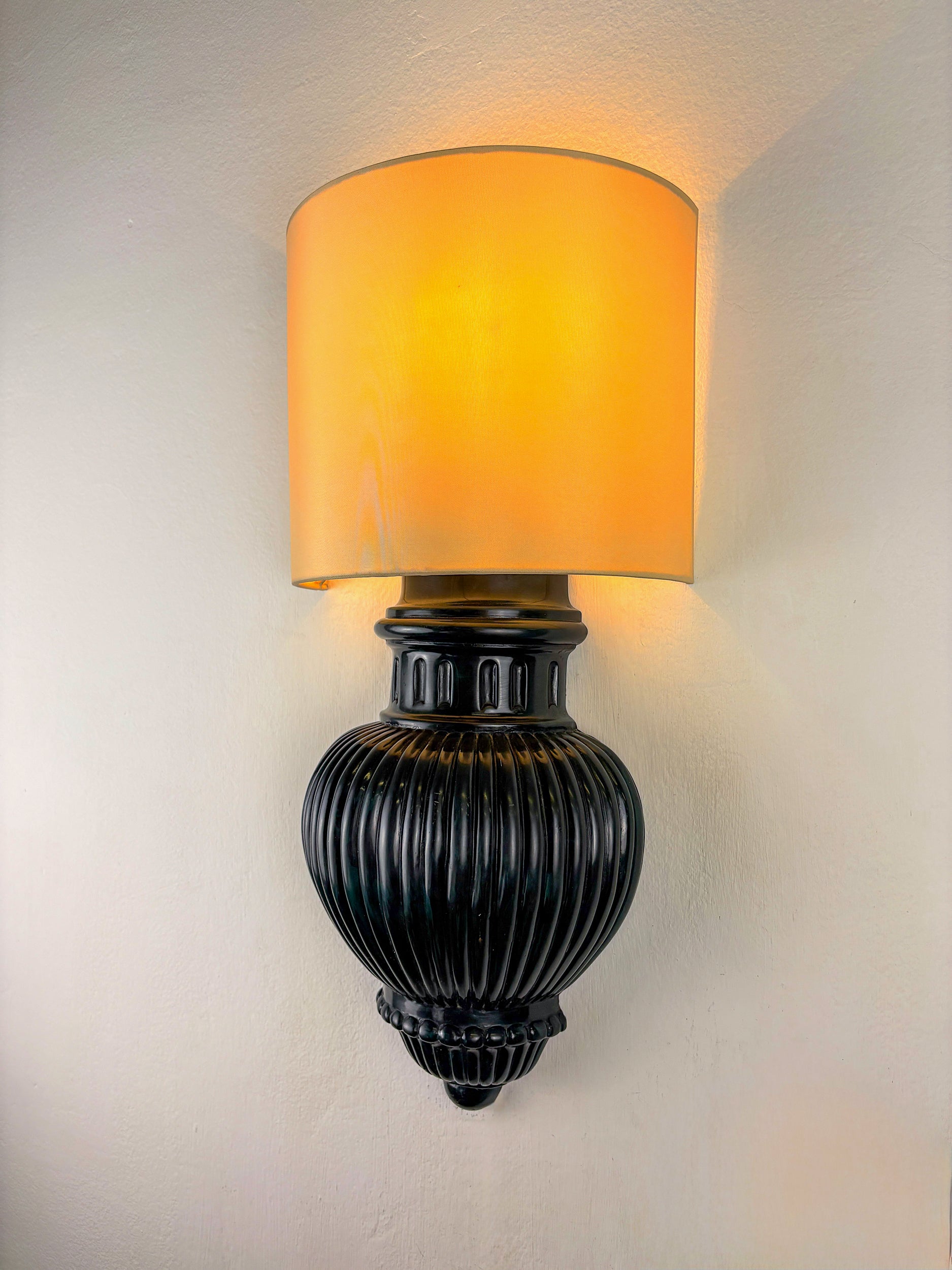 Pair of Art Deco Wall Lights with Shades in Glazed Cast Ceramic, Italy, 1970s