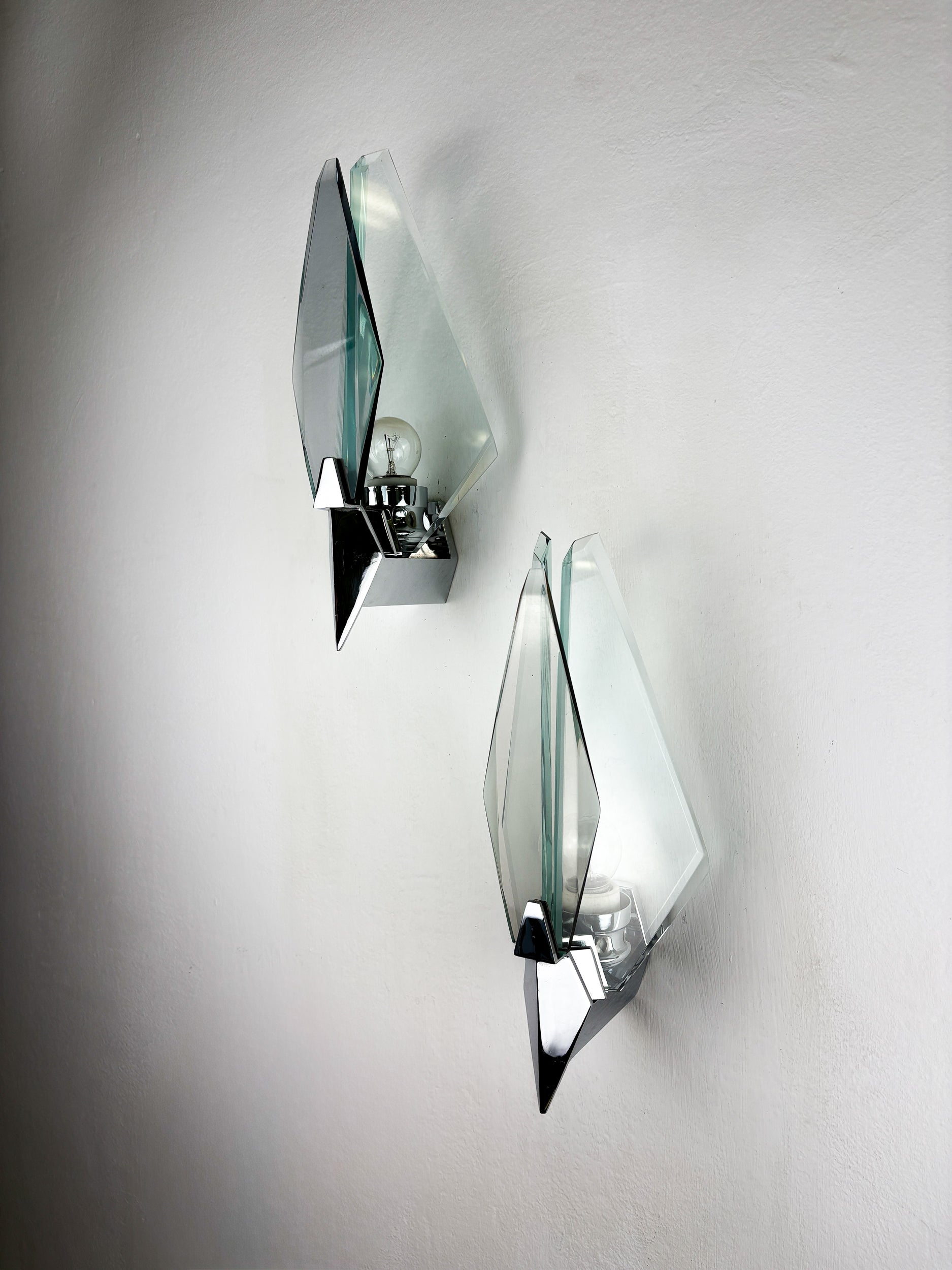 Pair of Veca sconces, murano blue cut glass & black lucite, Italy, Circa 1970's