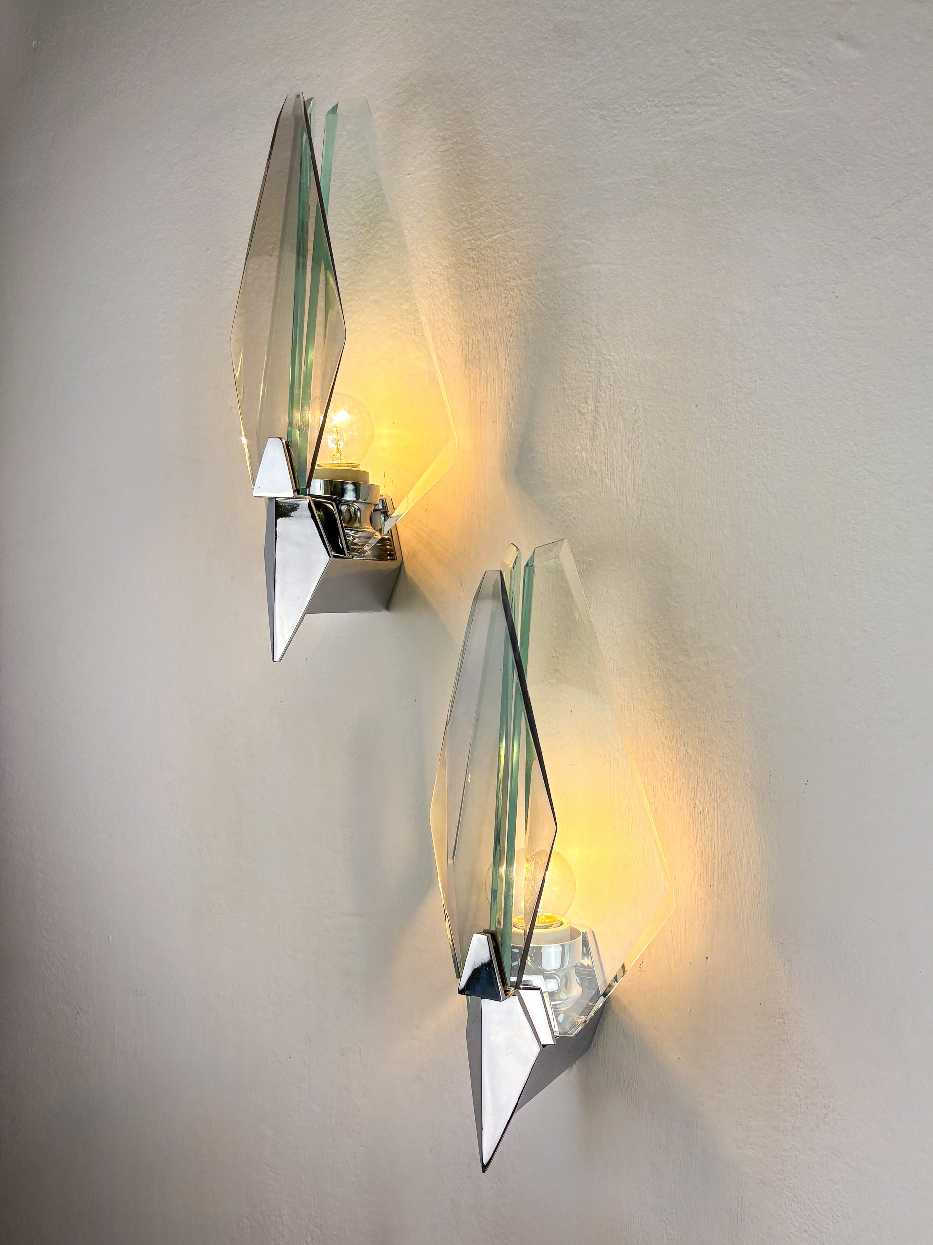 Pair of Veca sconces, murano blue cut glass & black lucite, Italy, Circa 1970's