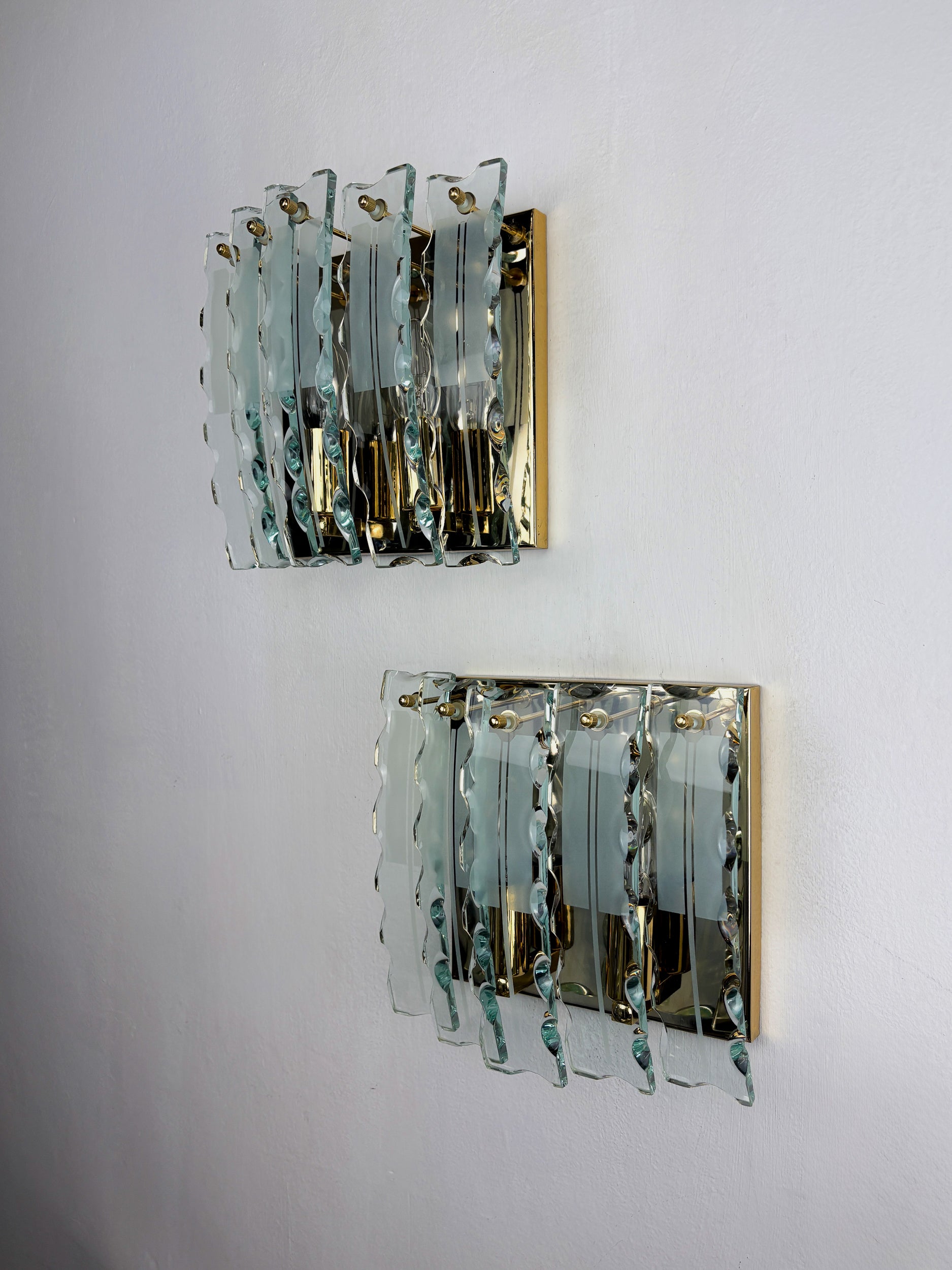 Pair of Zero Quattro Sconces by Fontana Arte, Murano Cut Glass, Italy, Circa 1970's