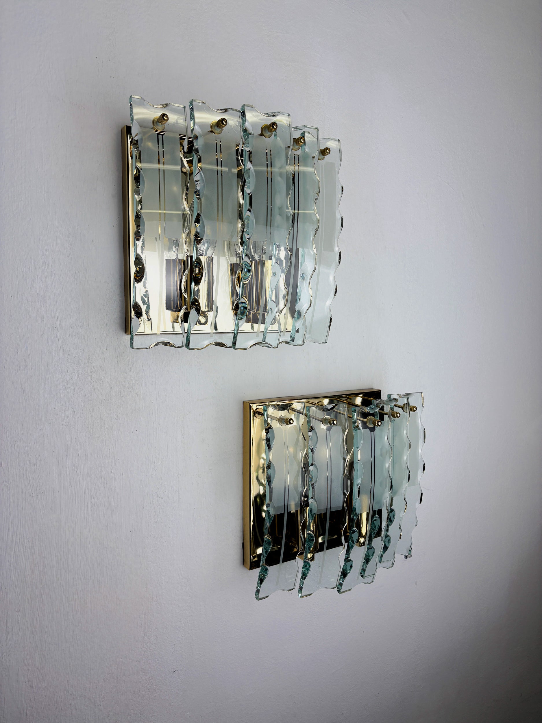 Pair of Zero Quattro Sconces by Fontana Arte, Murano Cut Glass, Italy, Circa 1970's
