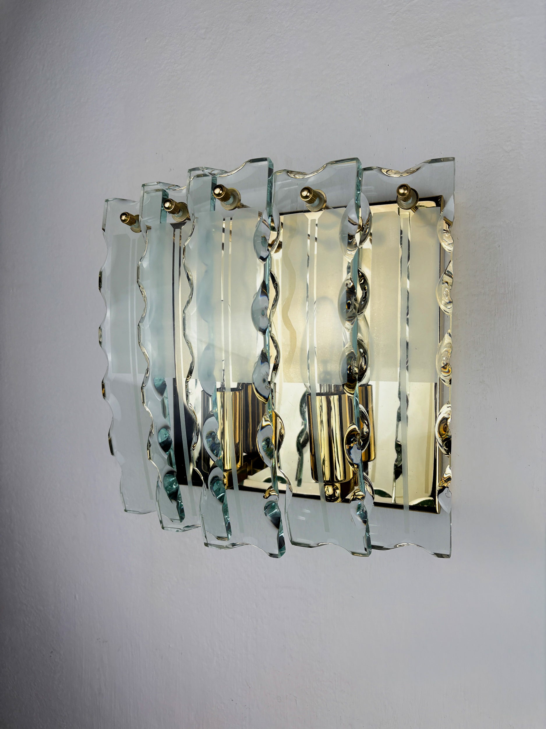 Pair of Zero Quattro Sconces by Fontana Arte, Murano Cut Glass, Italy, Circa 1970's