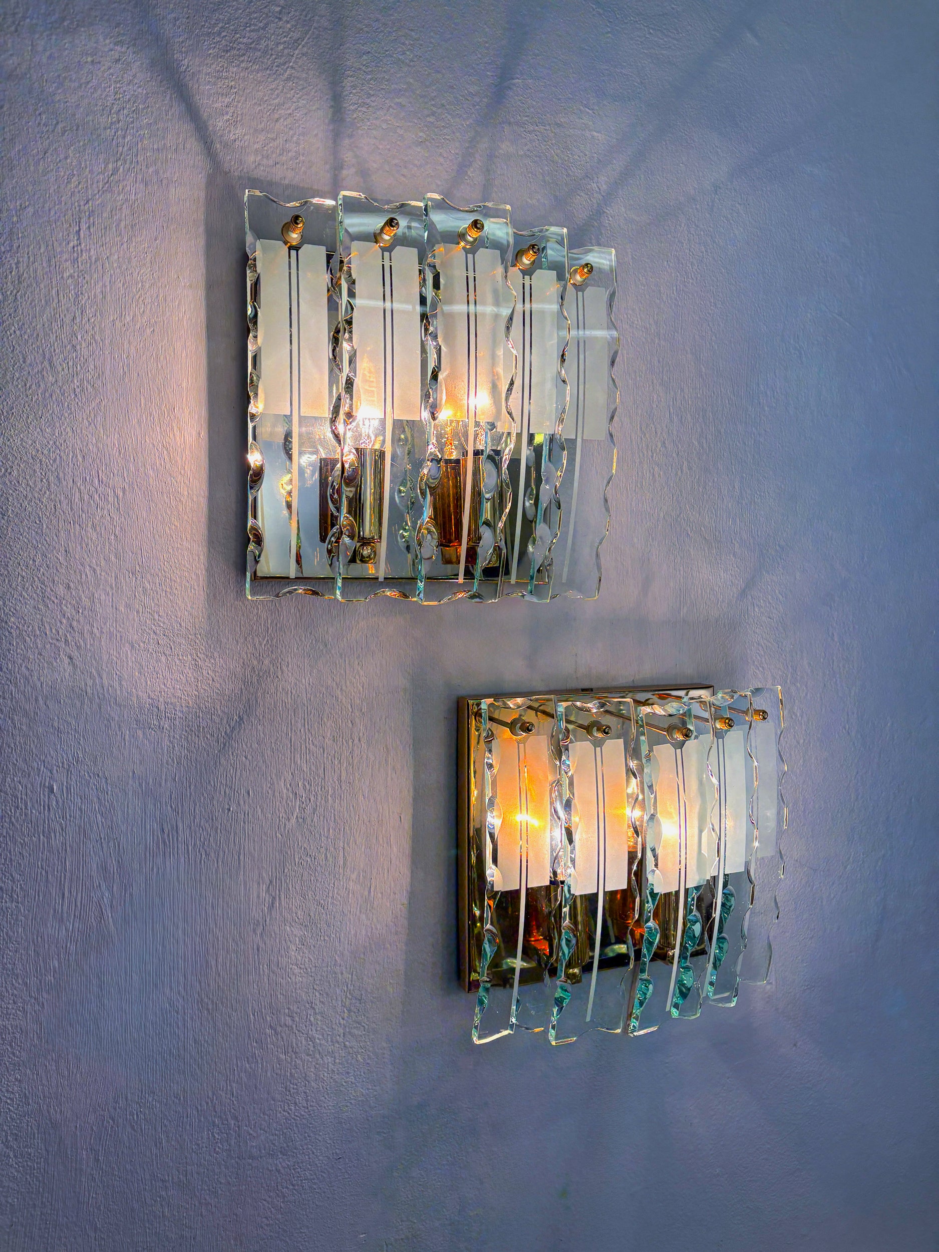Pair of Zero Quattro Sconces by Fontana Arte, Murano Cut Glass, Italy, Circa 1970's