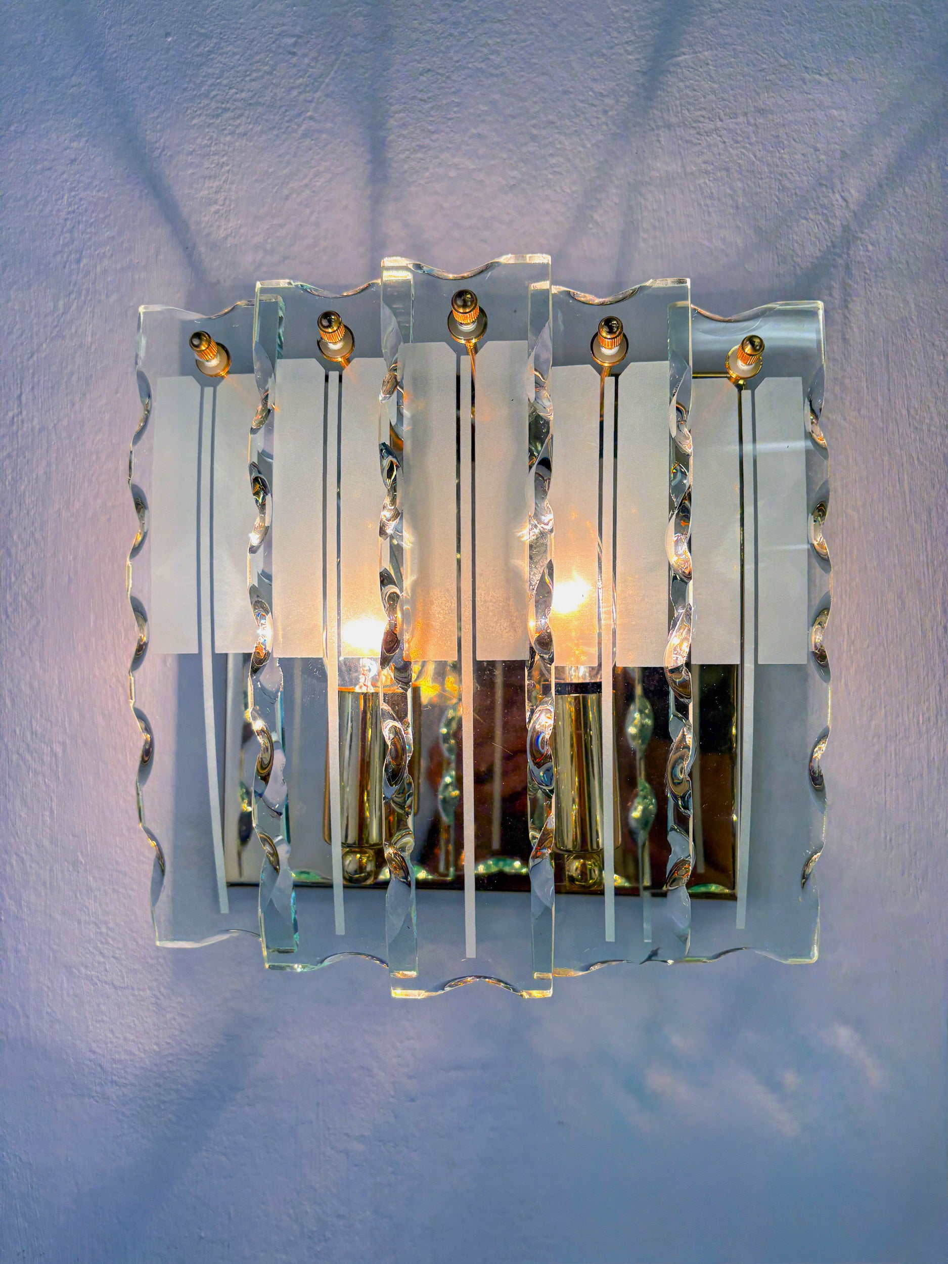 Pair of Zero Quattro Sconces by Fontana Arte, Murano Cut Glass, Italy, Circa 1970's
