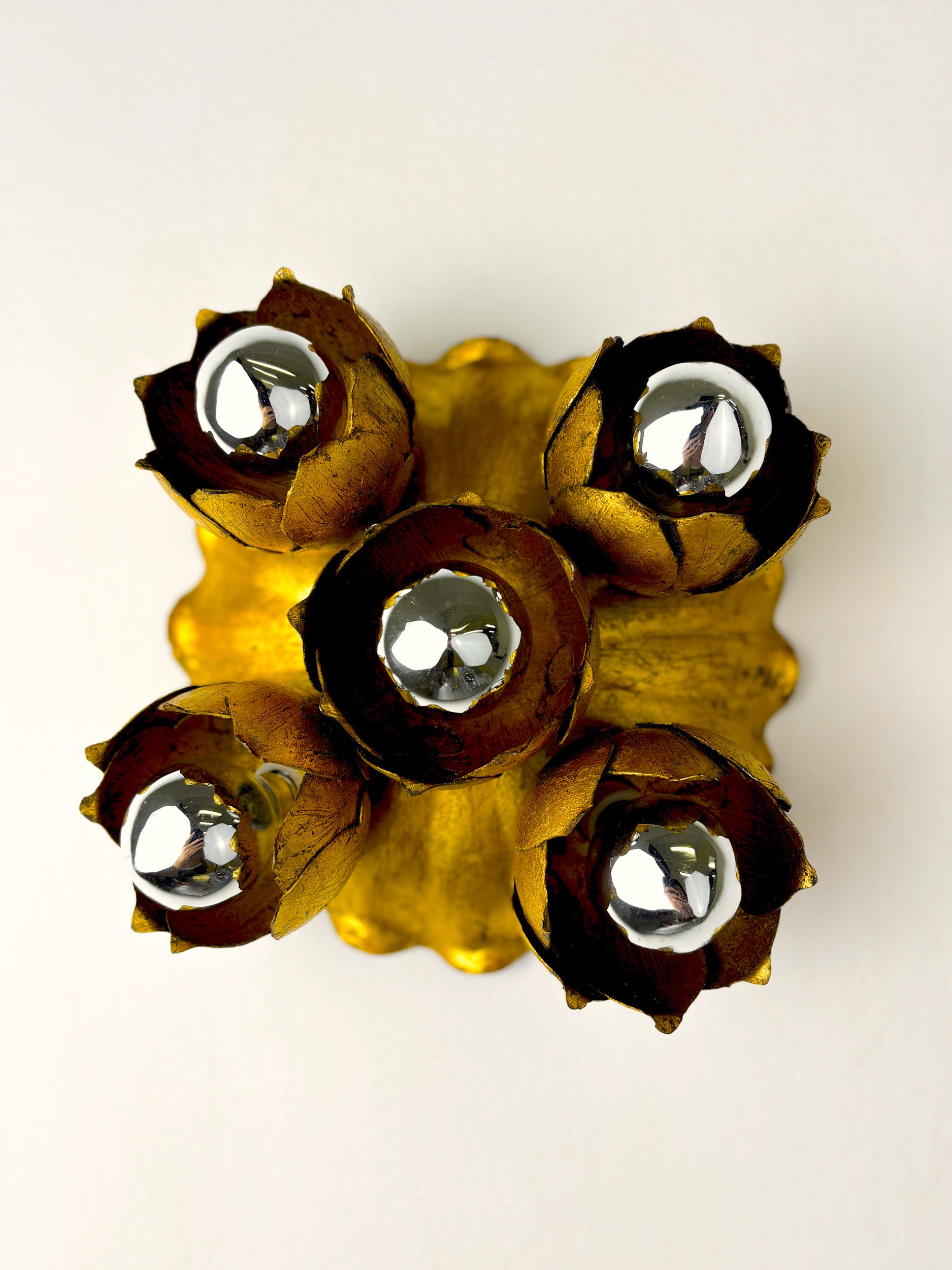 Pair of French Floral Bouquet Five-Light Ceiling or Wall light, Gilt Iron, 1940s