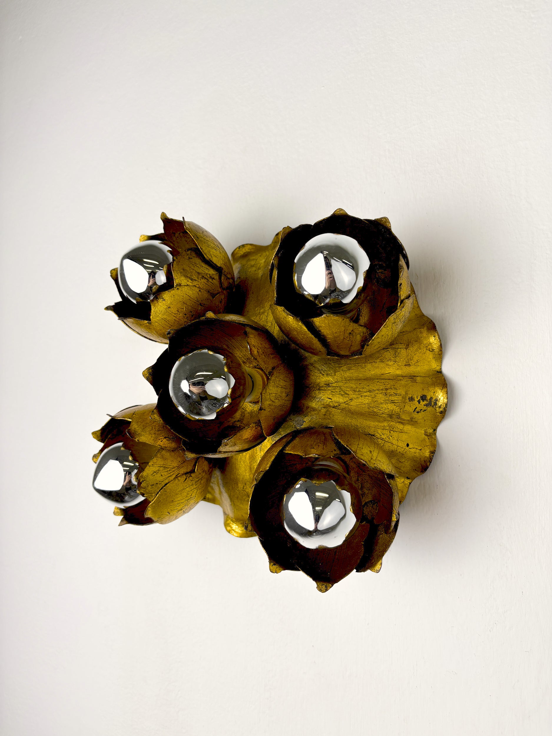 Pair of French Floral Bouquet Five-Light Ceiling or Wall light, Gilt Iron, 1940s