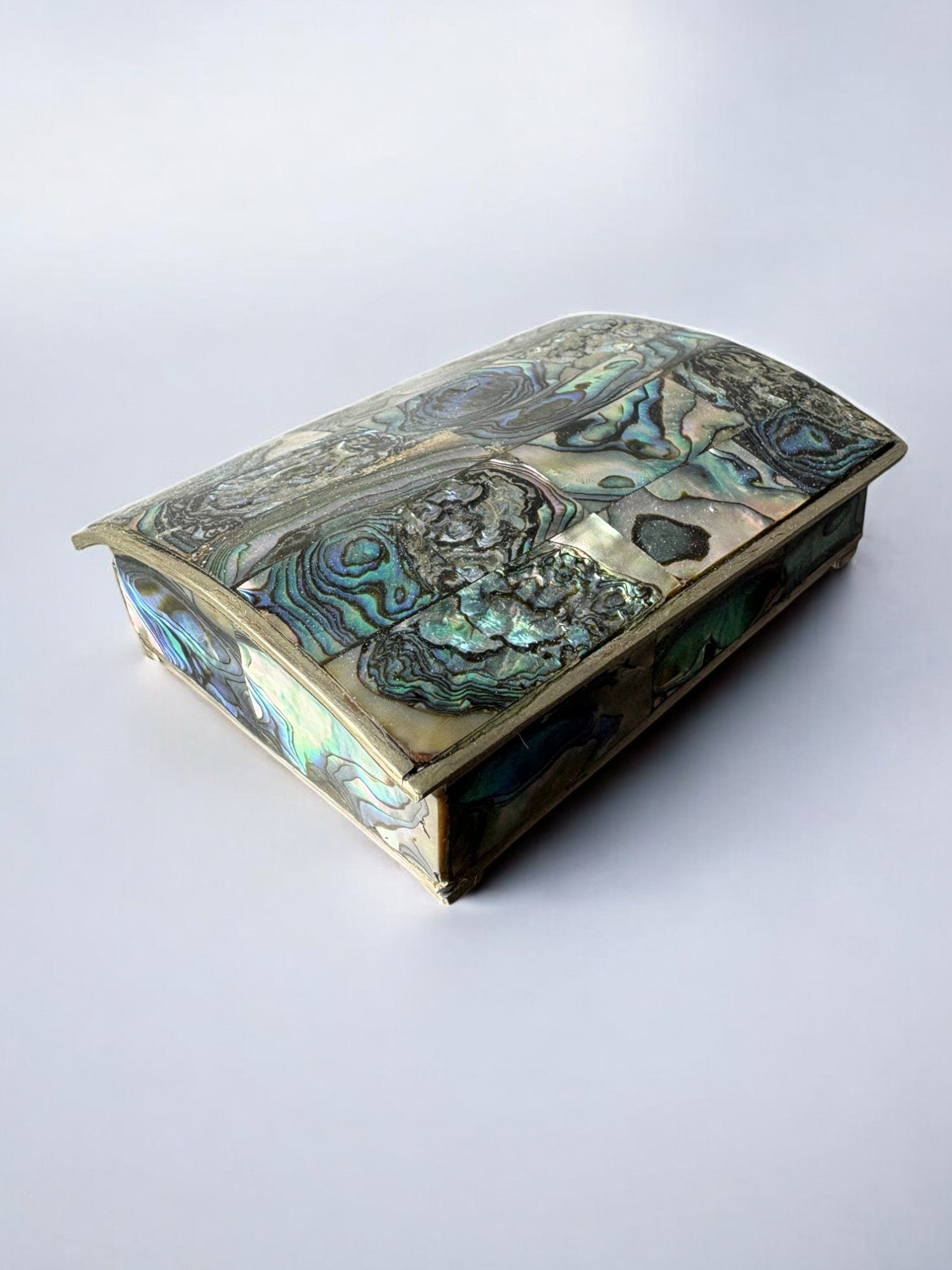 Abalone shell vanity box, Alpaca and wood, Mexico, circa 1970