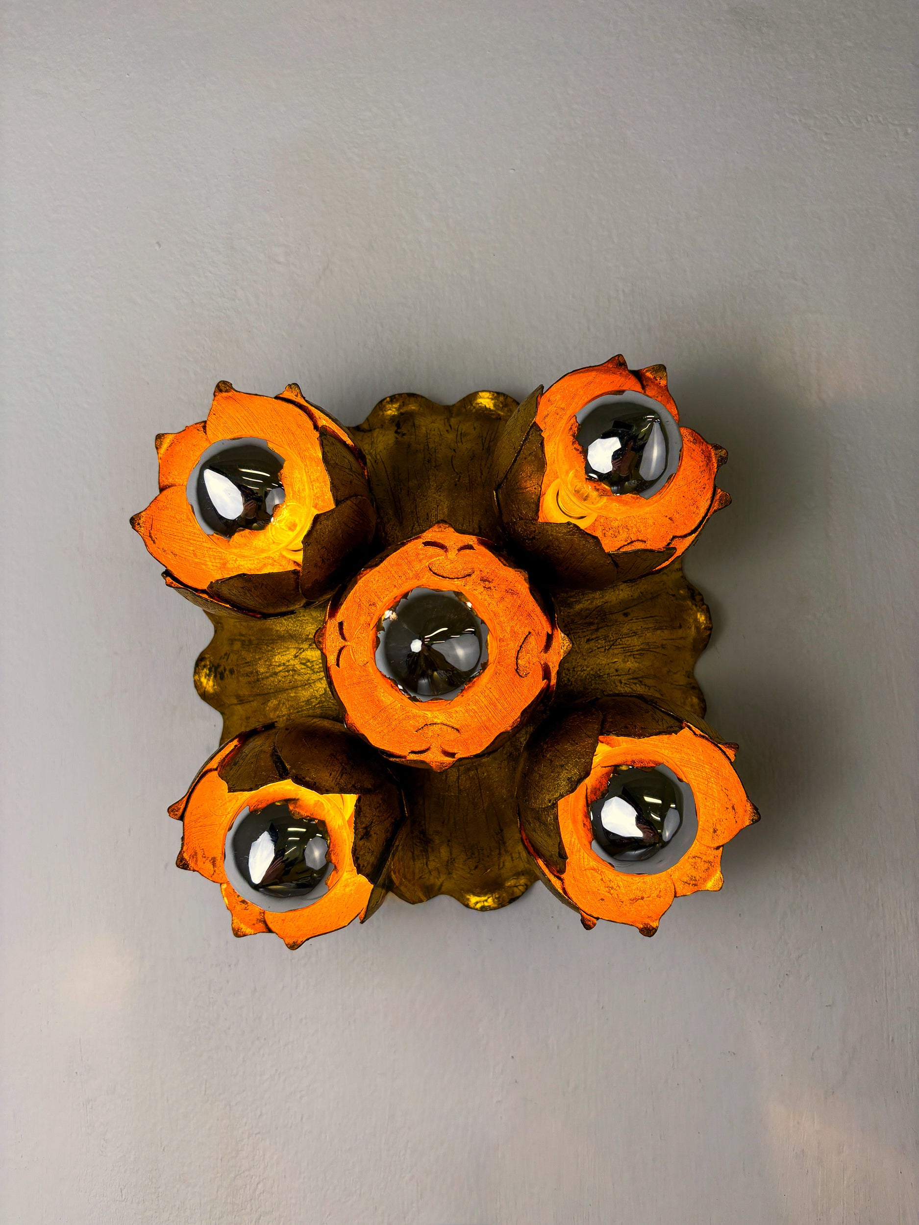 Pair of French Floral Bouquet Five-Light Ceiling or Wall light, Gilt Iron, 1940s