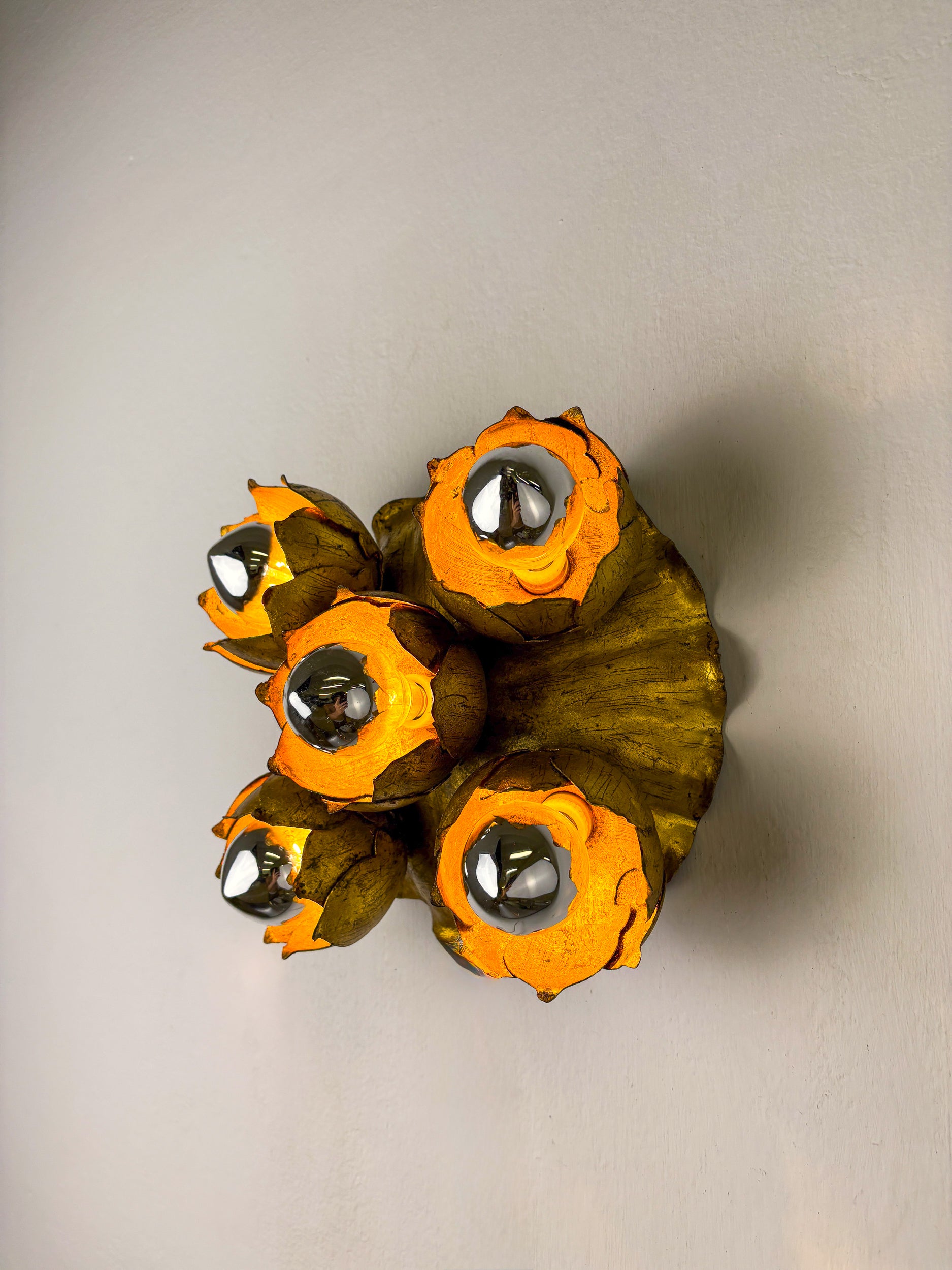 Pair of French Floral Bouquet Five-Light Ceiling or Wall light, Gilt Iron, 1940s
