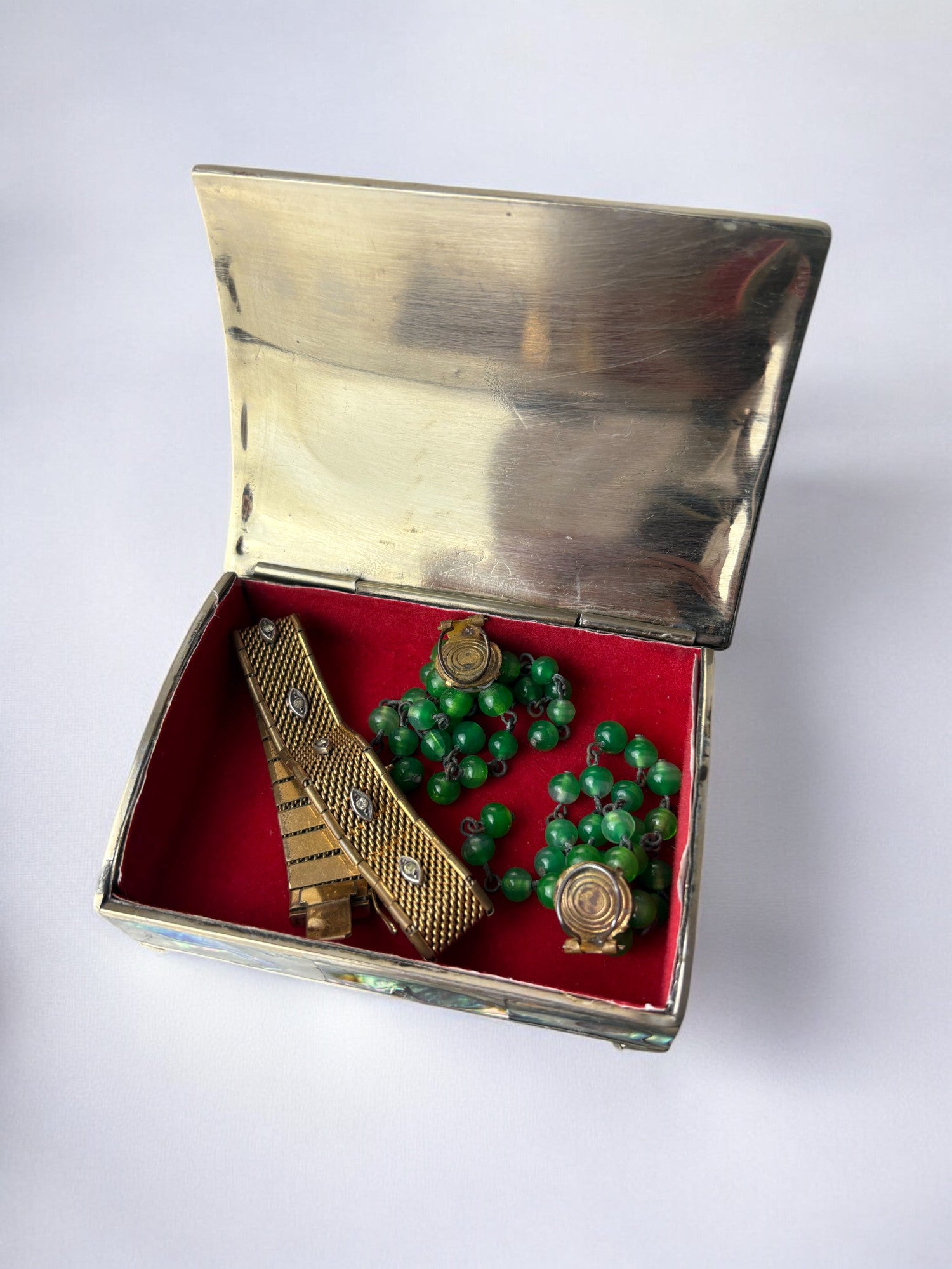 Abalone shell vanity box, Alpaca and wood, Mexico, circa 1970