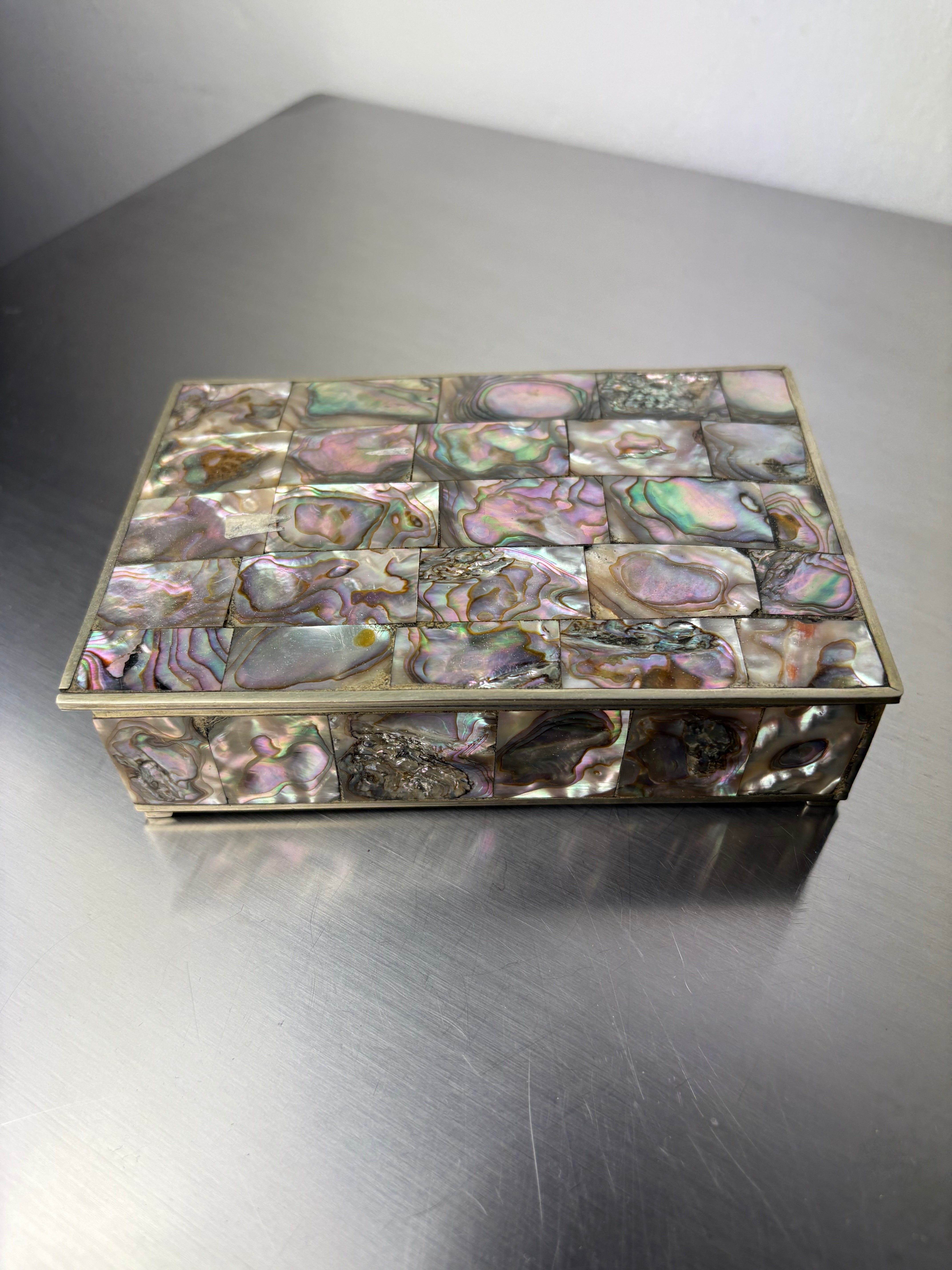 Abalone shell vanity box, Alpaca & wood, Mexico, circa 1970