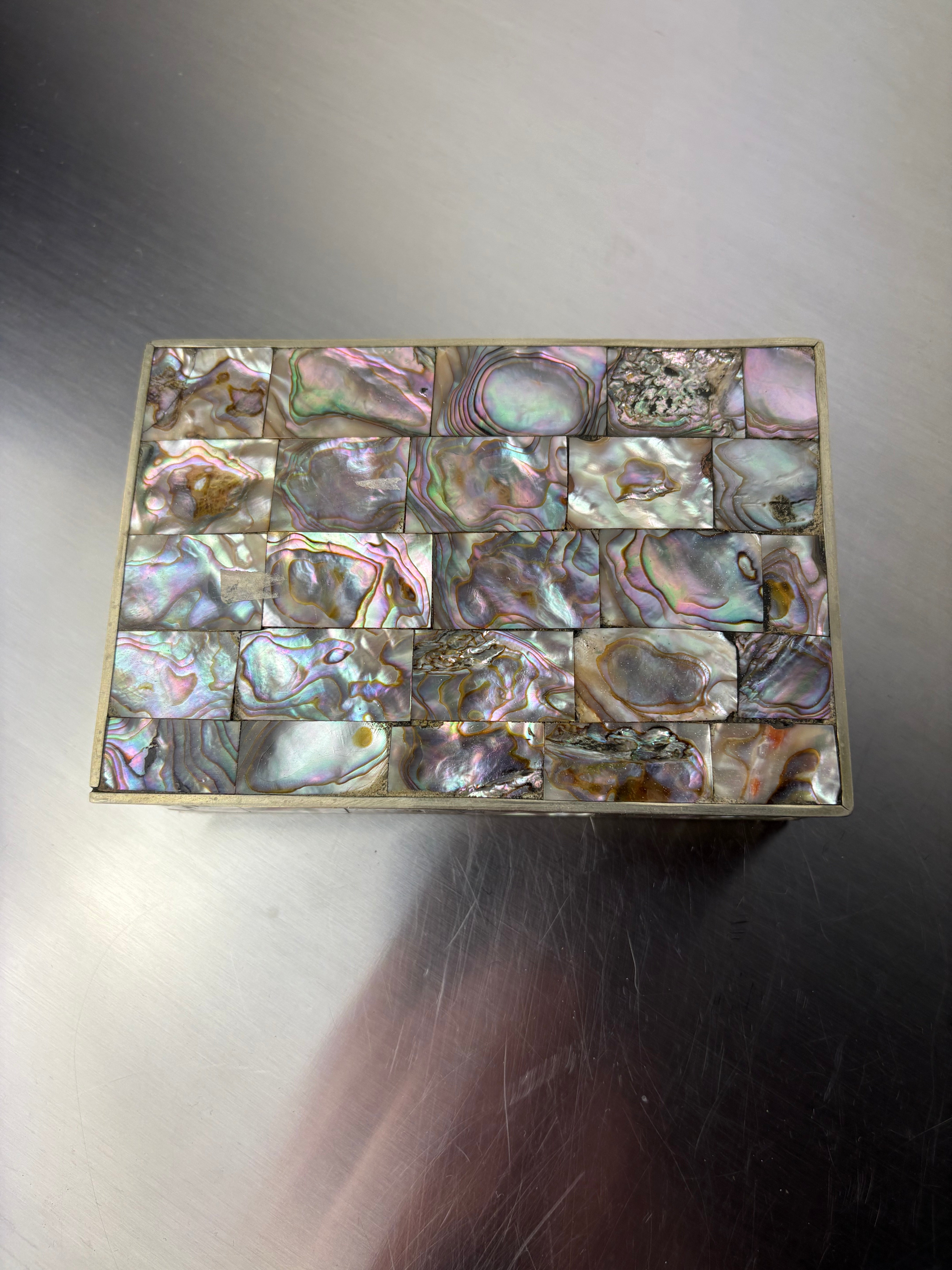 Abalone shell vanity box, Alpaca & wood, Mexico, circa 1970