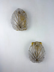 Pair of Murano Frosted Leaf Sconces, Textured Glass & Gilt details, Italy, Circa 1970's