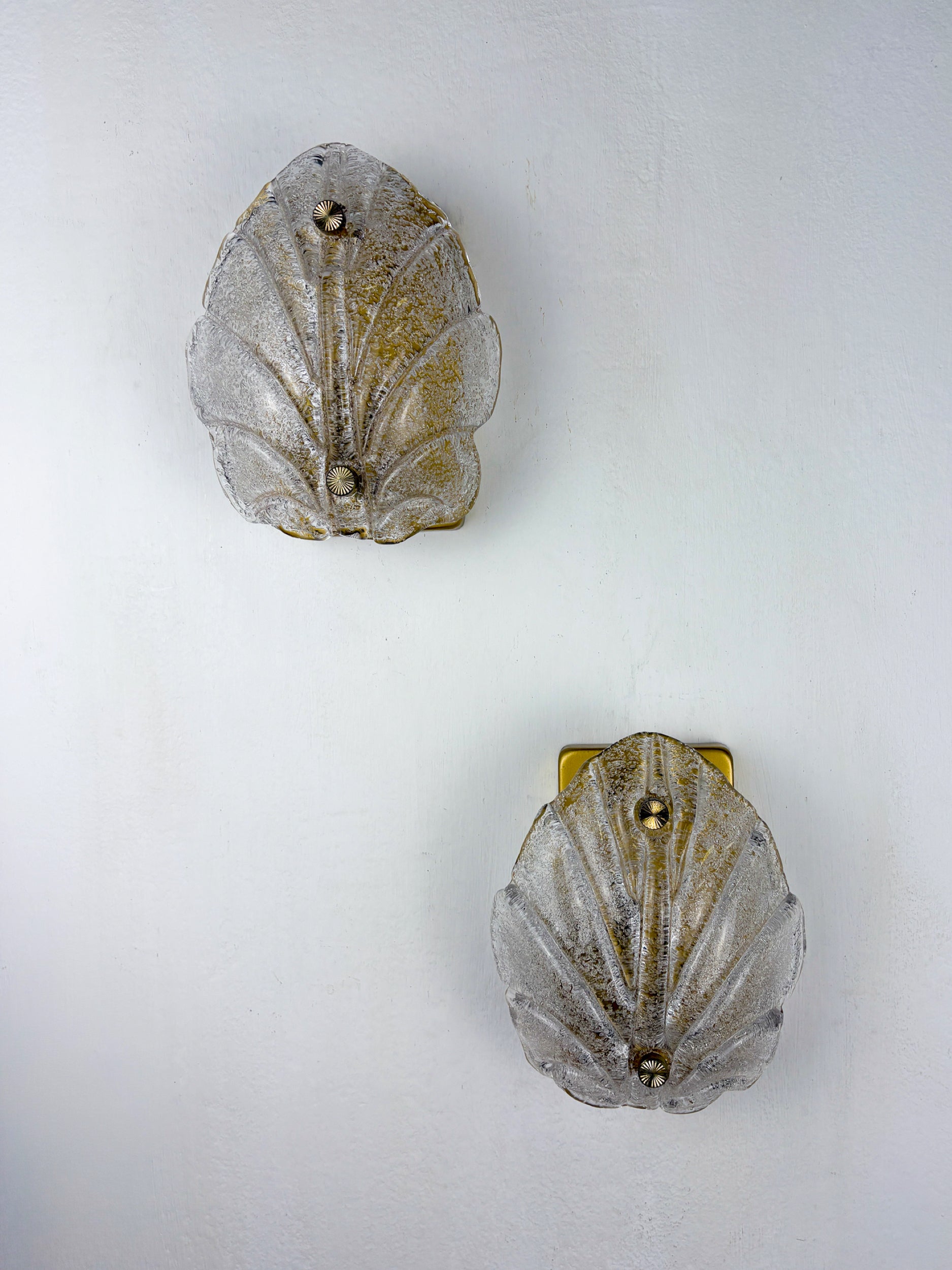 Pair of Murano Frosted Leaf Sconces, Textured Glass & Gilt details, Italy, Circa 1970's